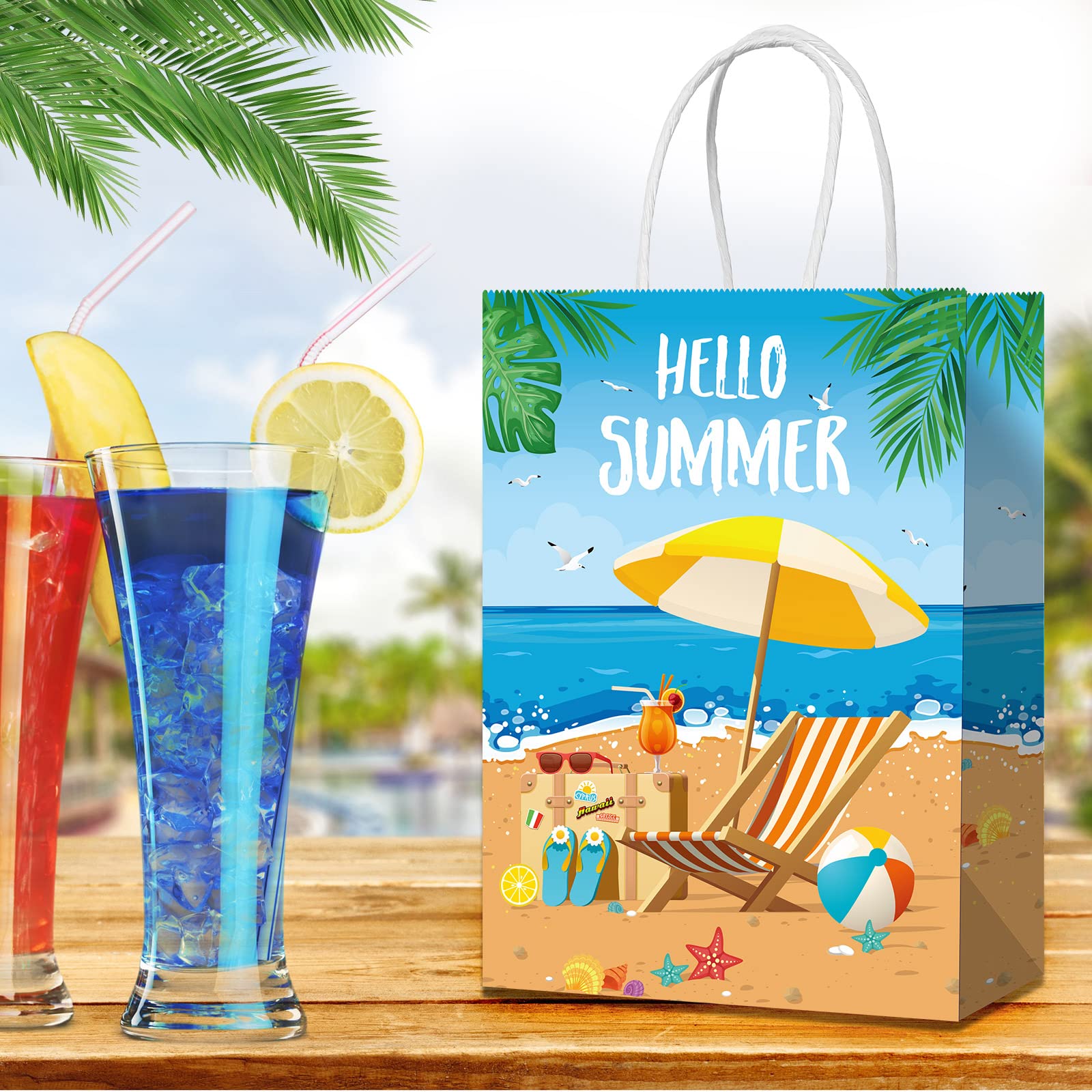 Pajean 16 Pcs Beach Party Paper Bags, Summer Pool Goodie Candy Gift Treat Bags For Luau Tropical Beach Party Favors Supplies