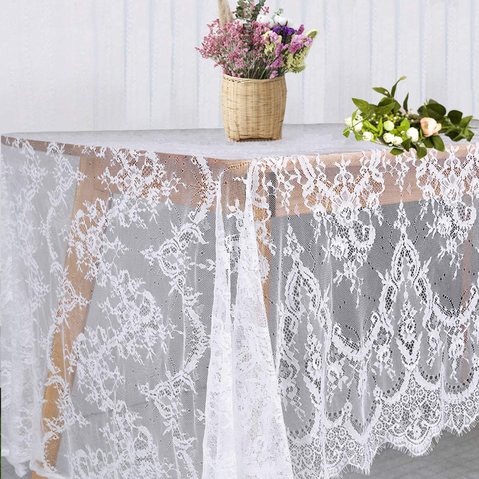 White Lace Tablecloth 60    120 Inch For Rustic Boho Wedding Bridal Shower Party Decoration, Classy Rectangle Overlay Long Vinta