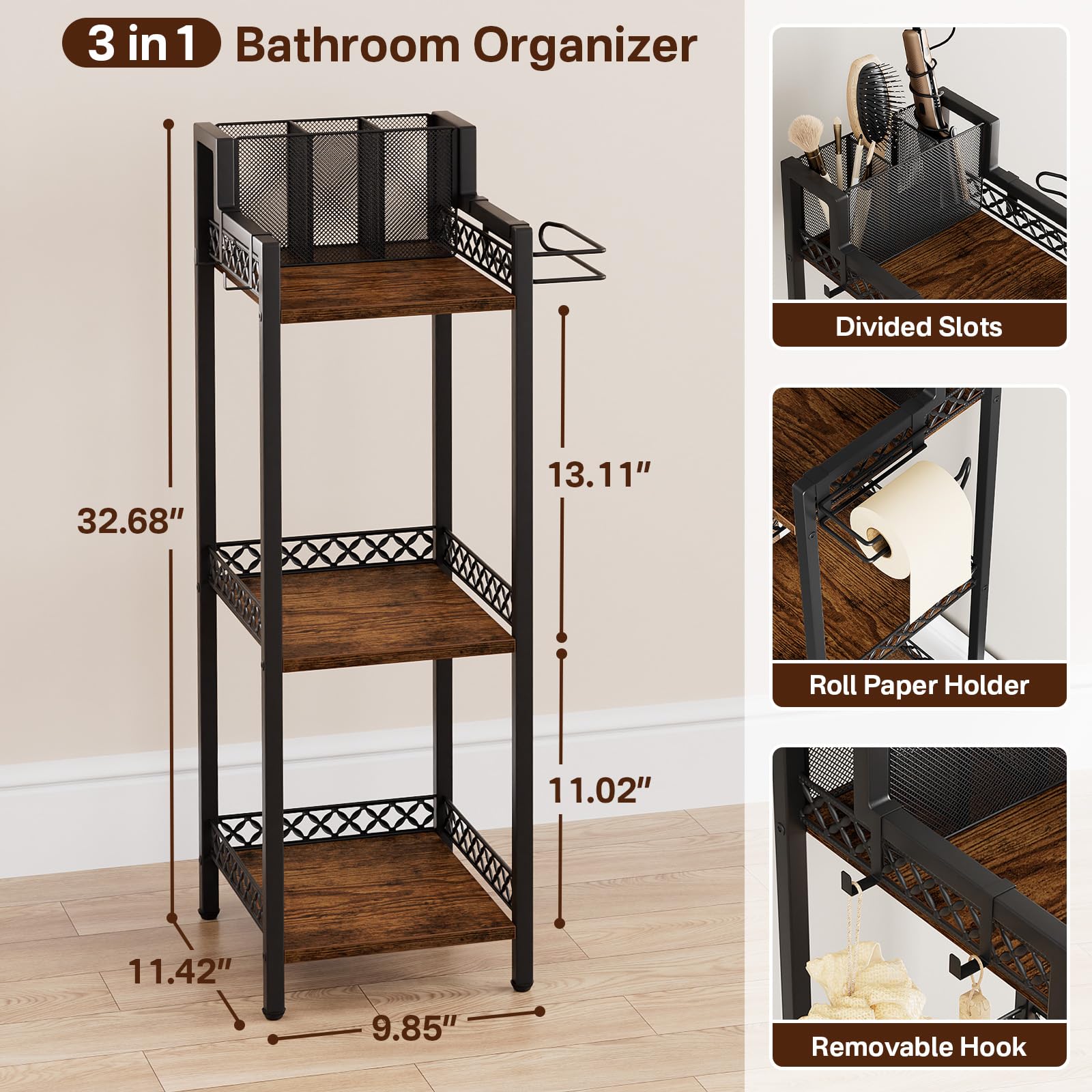 FURFUN Bathroom Storage Shelf Hair Dryer Holder, 3-Tier Narrow Metal Standing Rack with Toilet Paper Holder, Multifunctional Cor