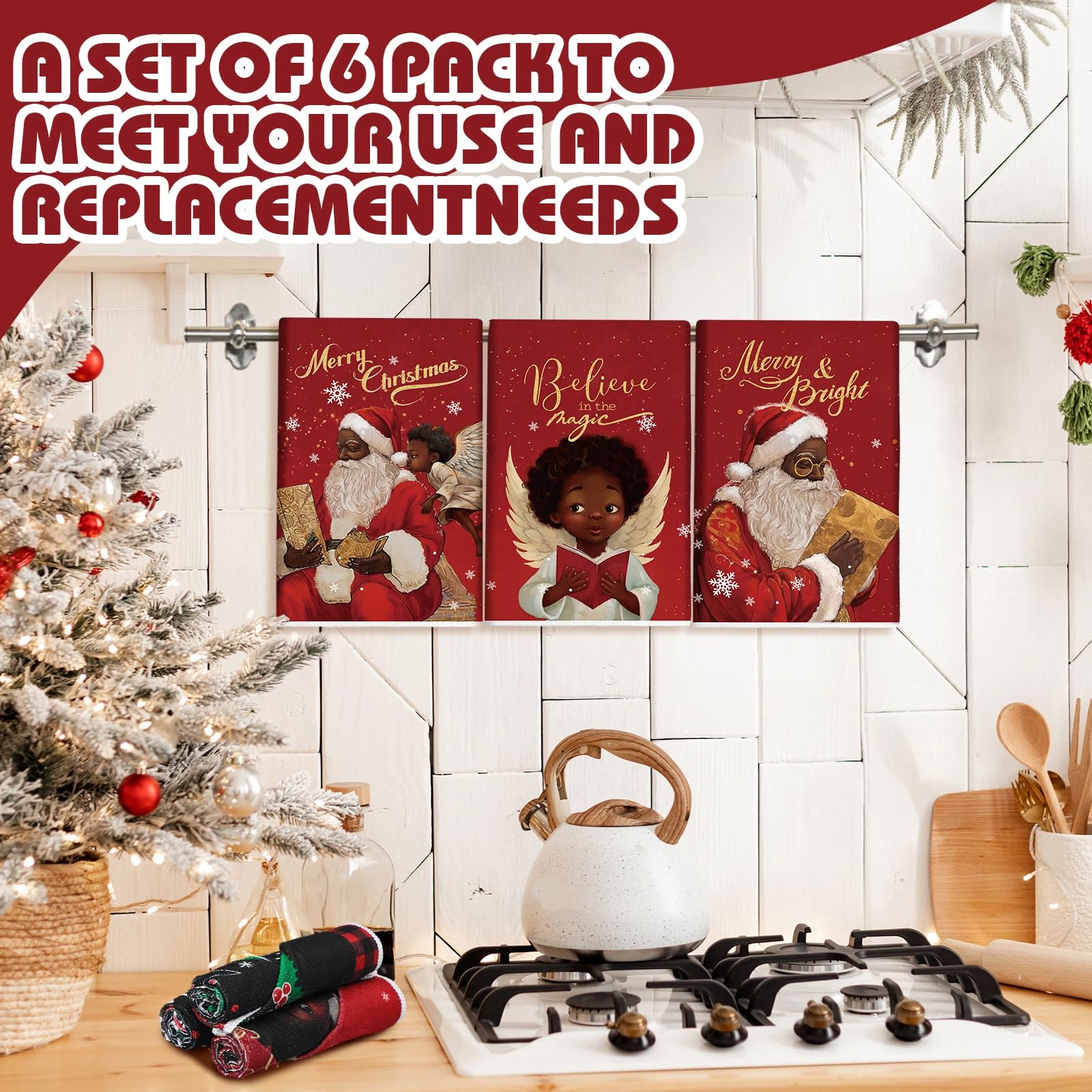 Hosuly 6 Pcs Christmas Kitchen Towels African American Black Santa Dish Clothes Xmas Black and Red Hand Towels Santa Angel Holly