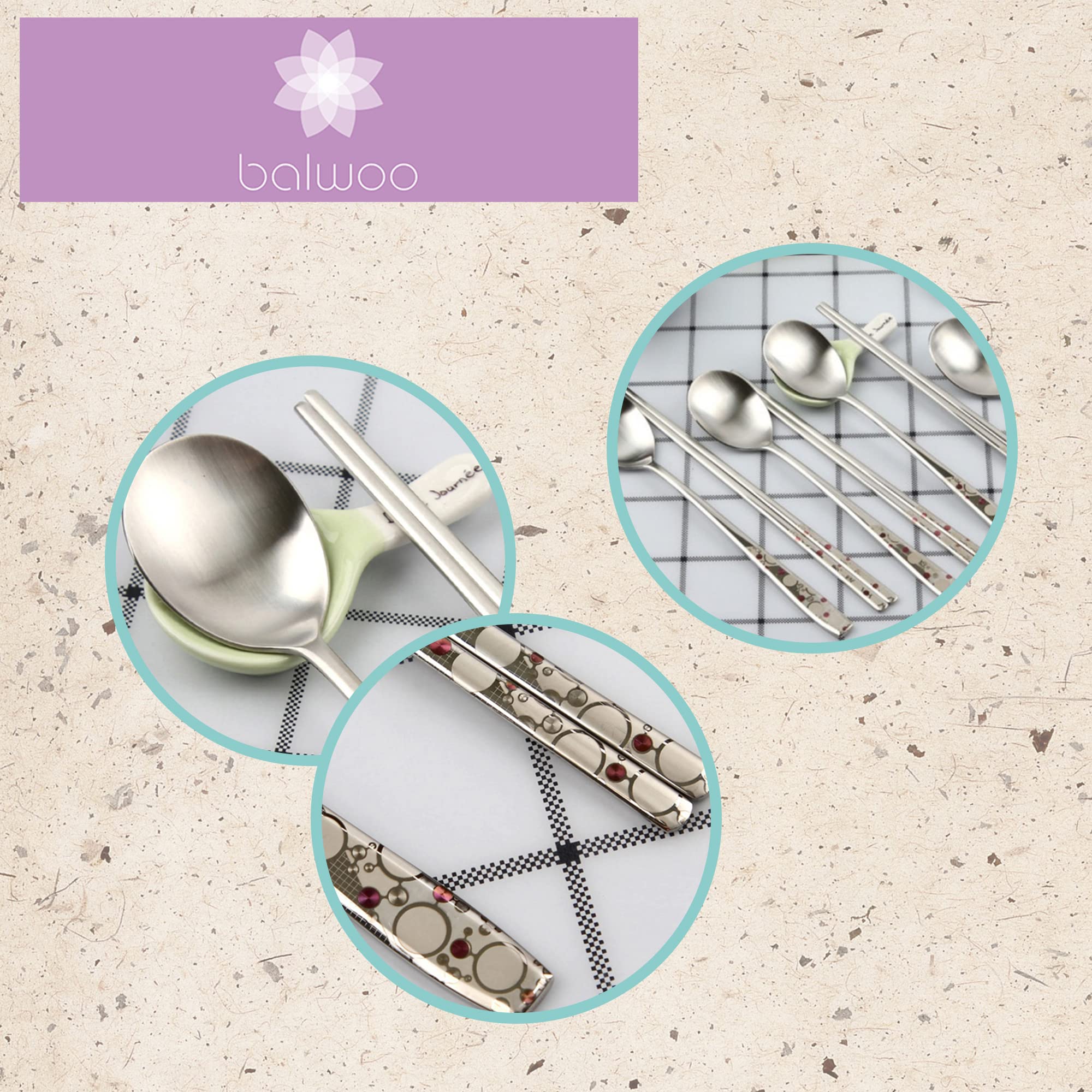 Balwoo [5 Sets][Made In Korea] Sticky Korean Style Rice Spoon Chopsticks Set 430 Stainless Steel Soup Spoon Ramen Noodle Chopsti