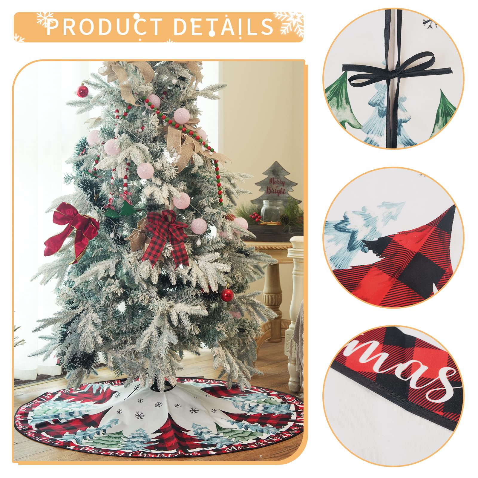 CROWNED BEAUTY Christmas Tree Skirt Collar 48 Inch Pine Trees Red Plaid Soft Farmhouse Holiday Decoration (Red Plaid) TS41