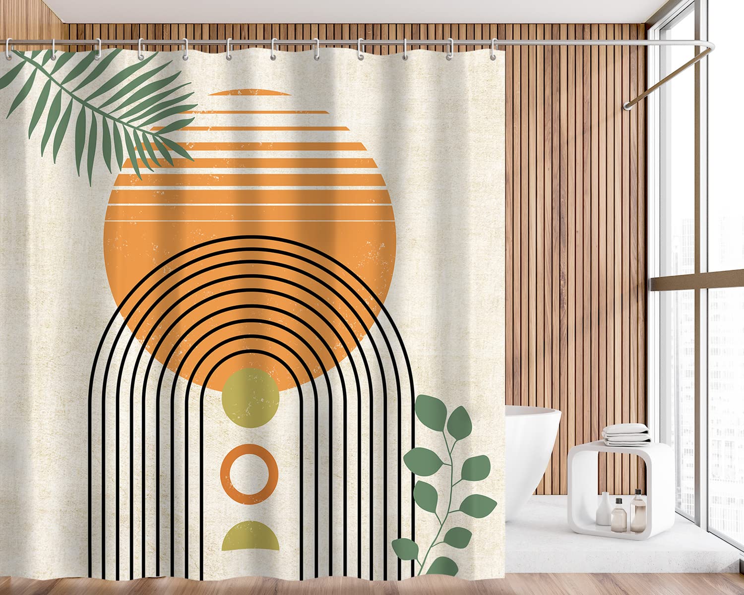 Artinme Mid Century Abstract Shower Curtain Boho Arch Sun Beige Modern Minimalistic Home Bathtubs Bathroom Curtain Decoration Se