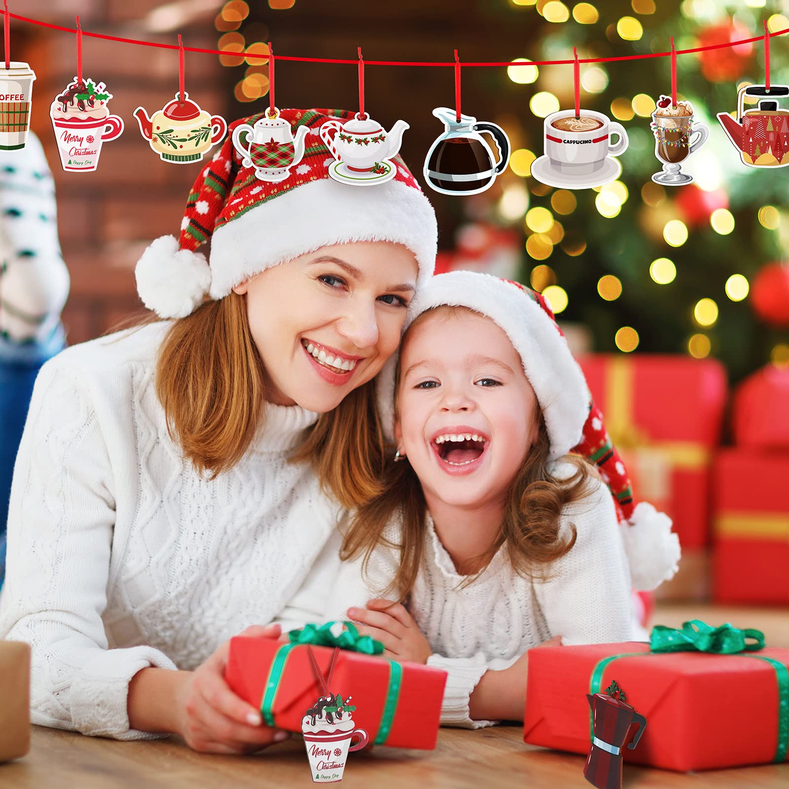 12 Pieces Christmas Coffee Cup and Tea Hanging Wood Cutouts Decoration Ornament for Xmas Tree Party Holiday Home Decor (Cups Sty
