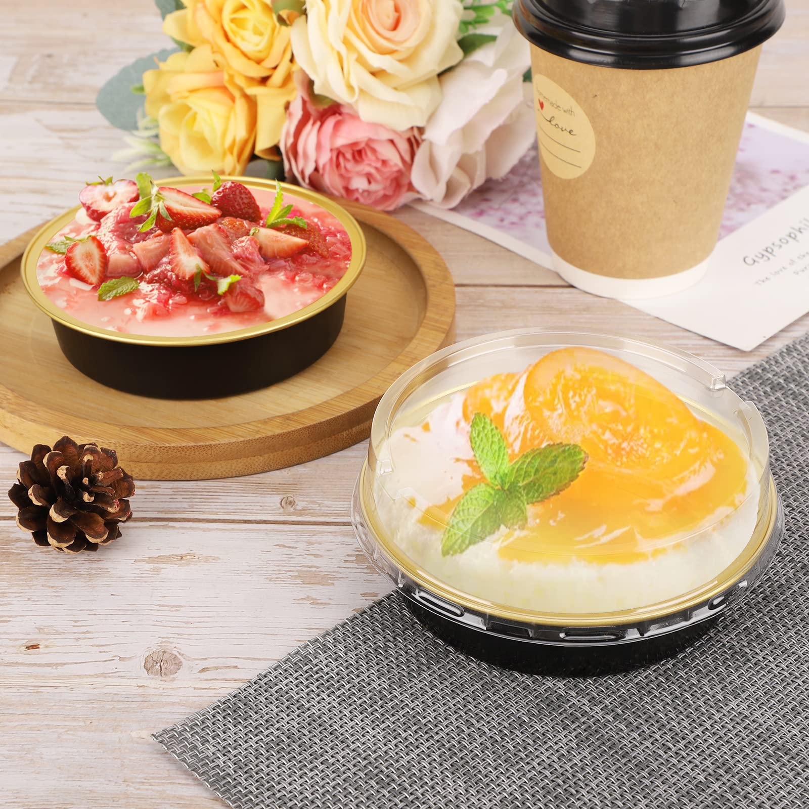 Beasea Aluminum Cupcake Pans With Lids  4 Inch 50 Pack Disposable Pie Pans For Cake  8 Oz Aluminum Pie Pan Tin Black Golden Tart Pans Round Oven Baking Mini Cake Pan For Pie Tart Quiche