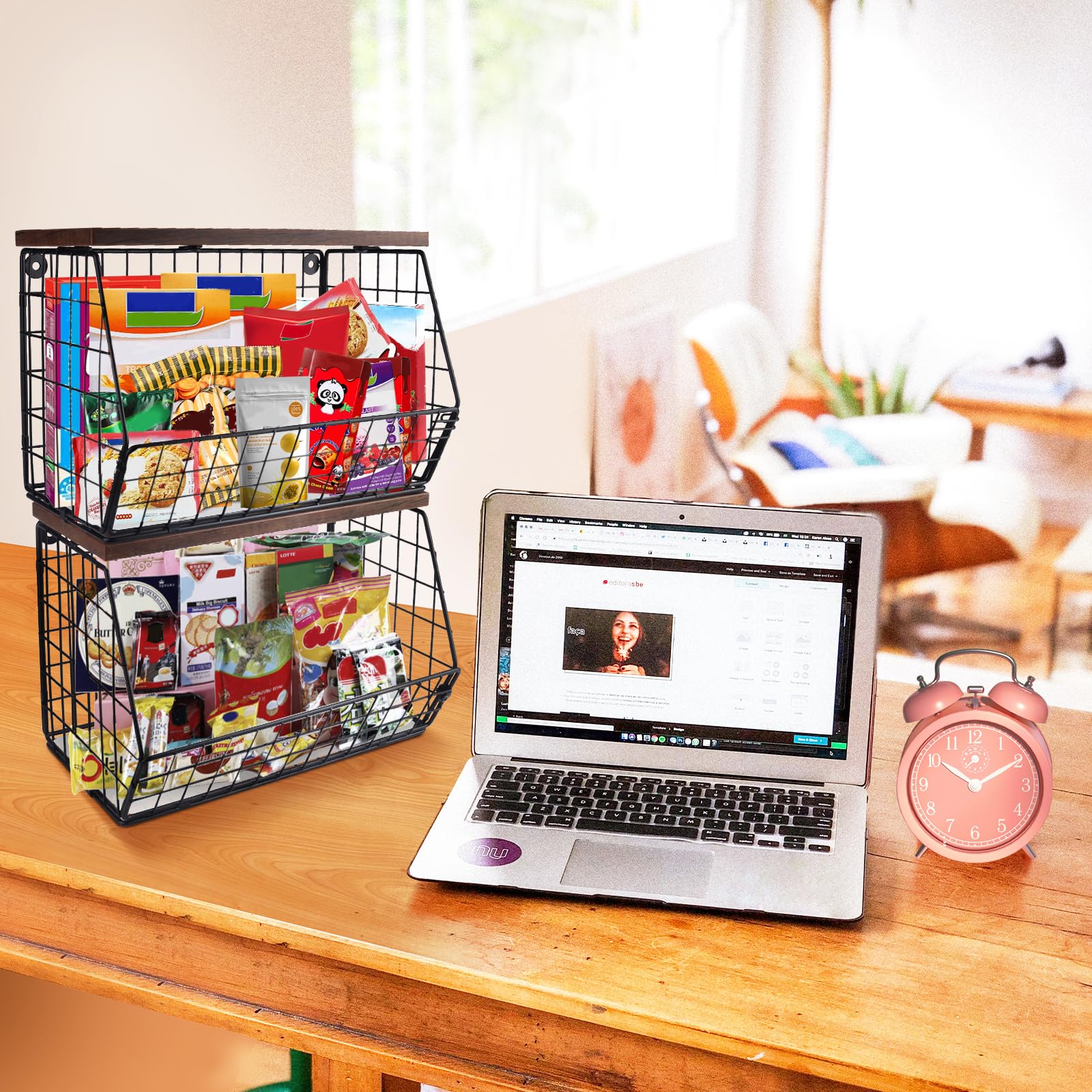 Mefirt 2Pcs Fruit Basket Kitchen Storage Wire Baskets With Wood Lid, Stackable Wall-Mounted Countertop Kitchen Counter Organizer