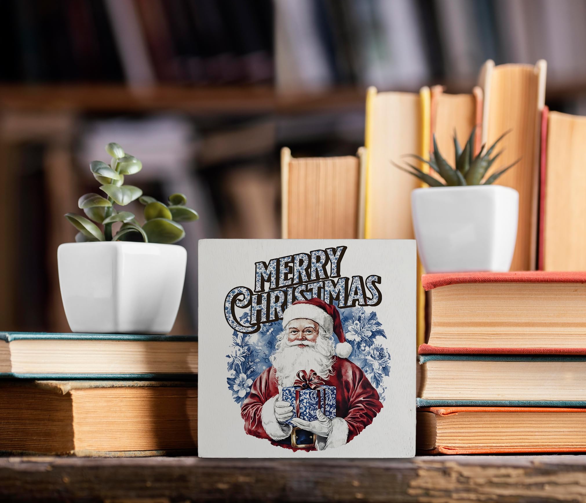 kunlisa Blue and White Chinoiserie Christmas Santa Wooden Sign, Grandmillennial Christmas Decor, Xmas Santa Holiday Wood Box Sig