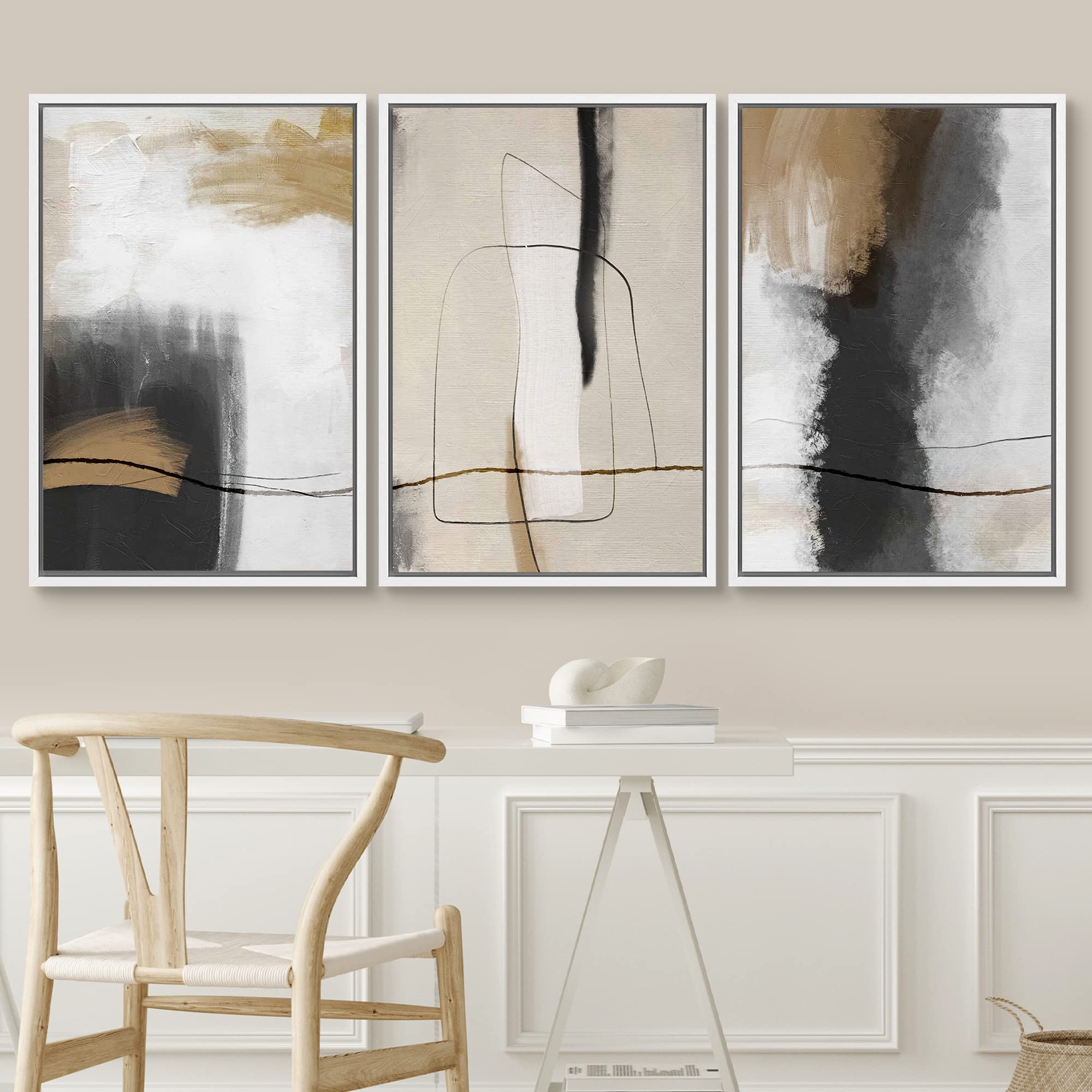 Signwin Framed Canvas Print Wall Art Set Geometric Line Brown Black Pastel Color Field Abstract Shapes Illustrations Modern Art