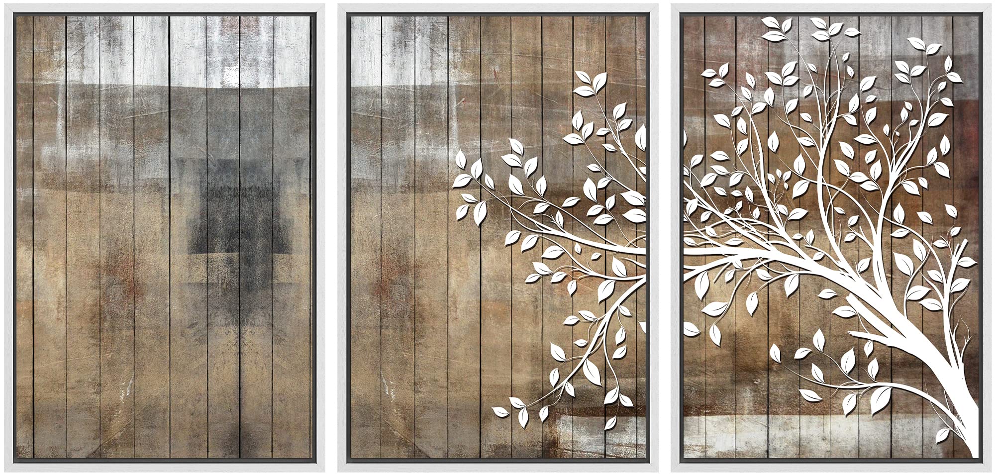 Signwin Framed Canvas Print Wall Art Set White Tree Silhouette & Color Blocks Nature Wilderness Wood Panels Modern Art Rustic Sc