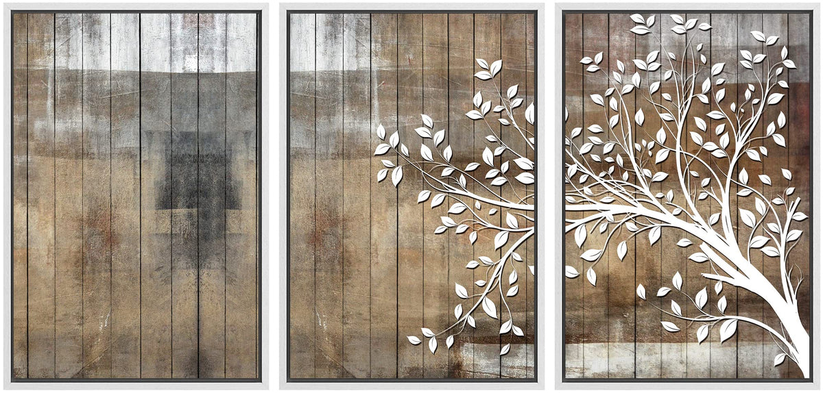Signwin Framed Canvas Print Wall Art Set White Tree Silhouette & Color Blocks Nature Wilderness Wood Panels Modern Art Rustic Sc