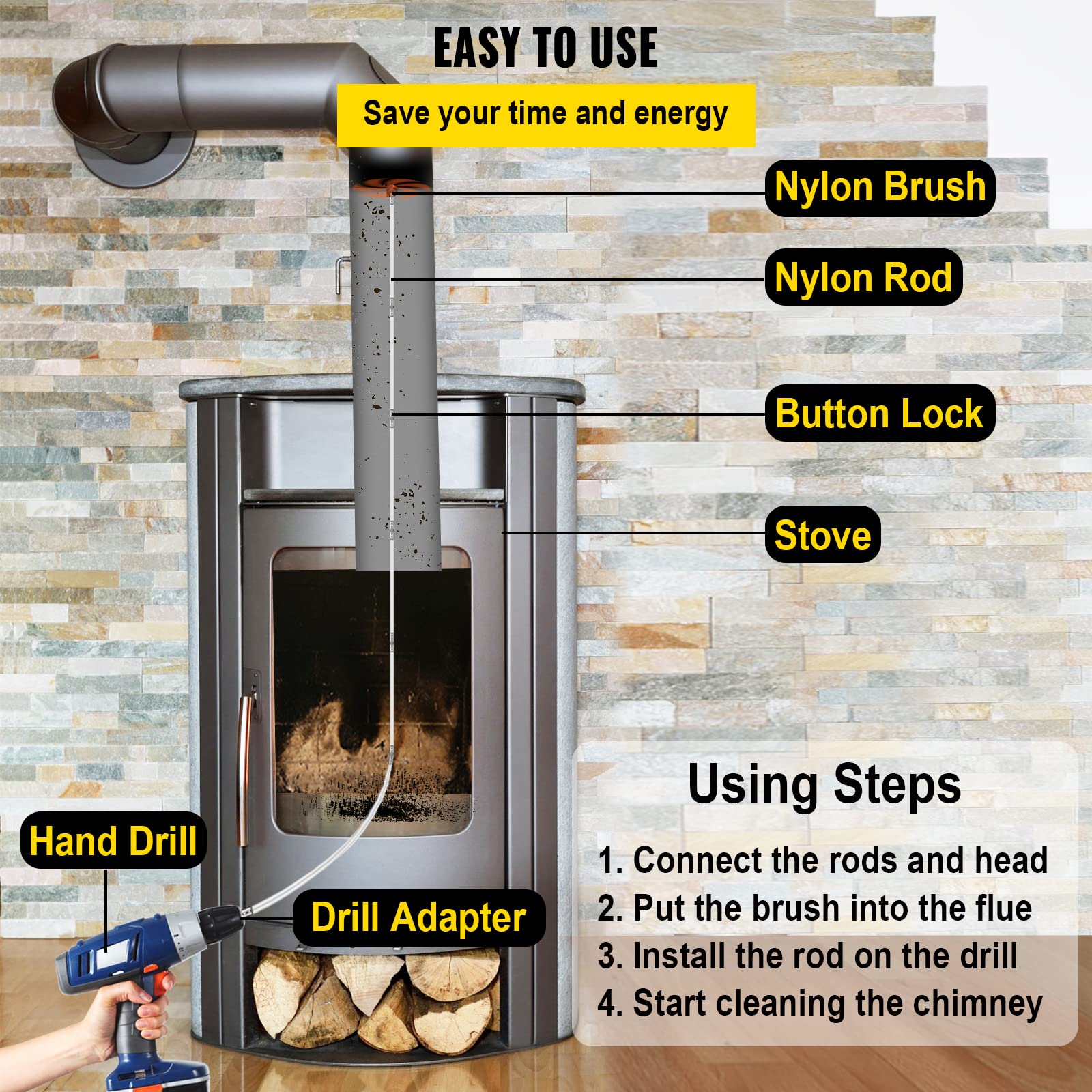 Vevor Chimney Sweep Kit 39Ft Length, Chimney Brush Kit With 12 Nylon Flexible Rods And 2 Brush Head, Rotary Chimney Cleaning Kit