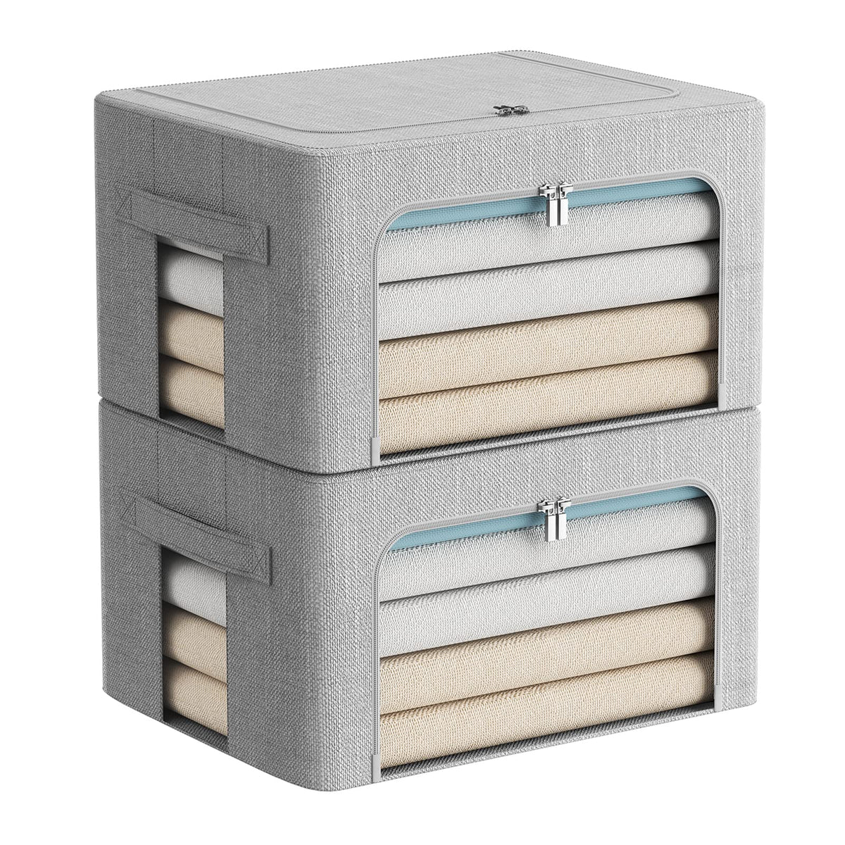 2 Pack Clothes Storage Bins - Stackable Metal Frame Storage Box Foldable Linen Fabric Organizer with Carrying Handles and Clear