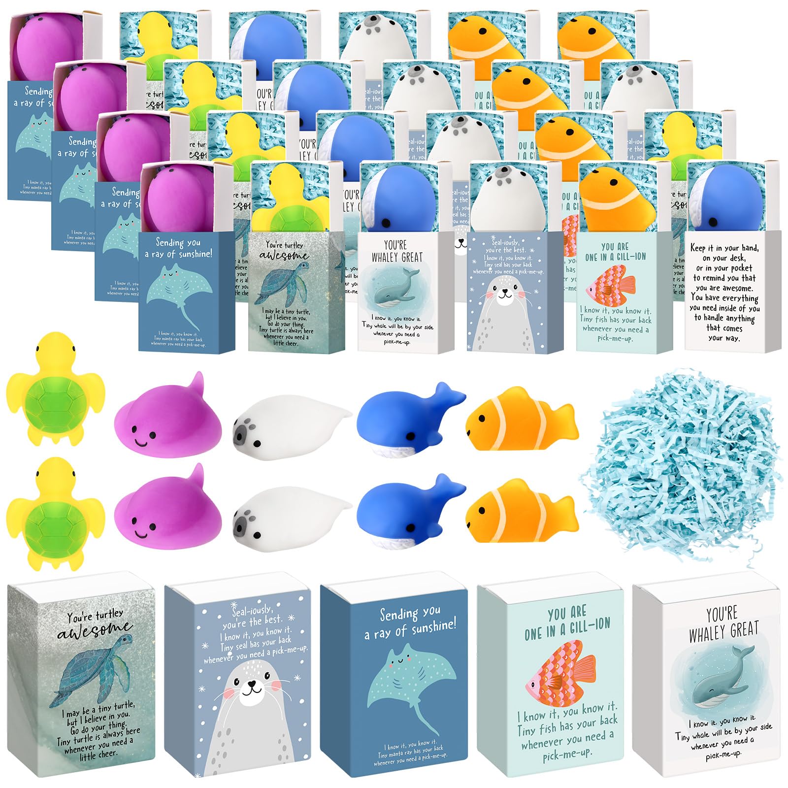Wettarn 25 Sets Sea Animal Positive Gifts Cute Stress Balls with Support Gift Boxes Inspirational Party Favors for Employee Cowo