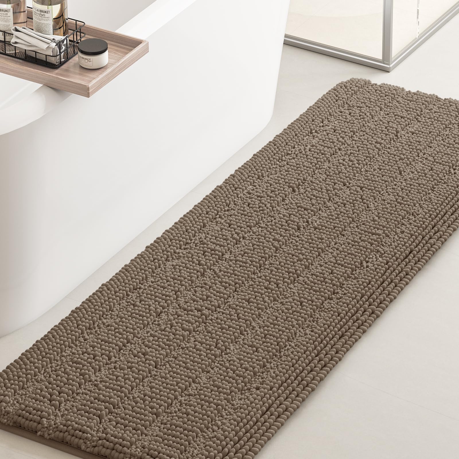 Accumtek Striped Dark Beige Bathroom Rug Mat 59''X24'' Ultra Soft, Non Slip Chenille Bath Rugs, Absorbent Plush Shaggy Bath Mats