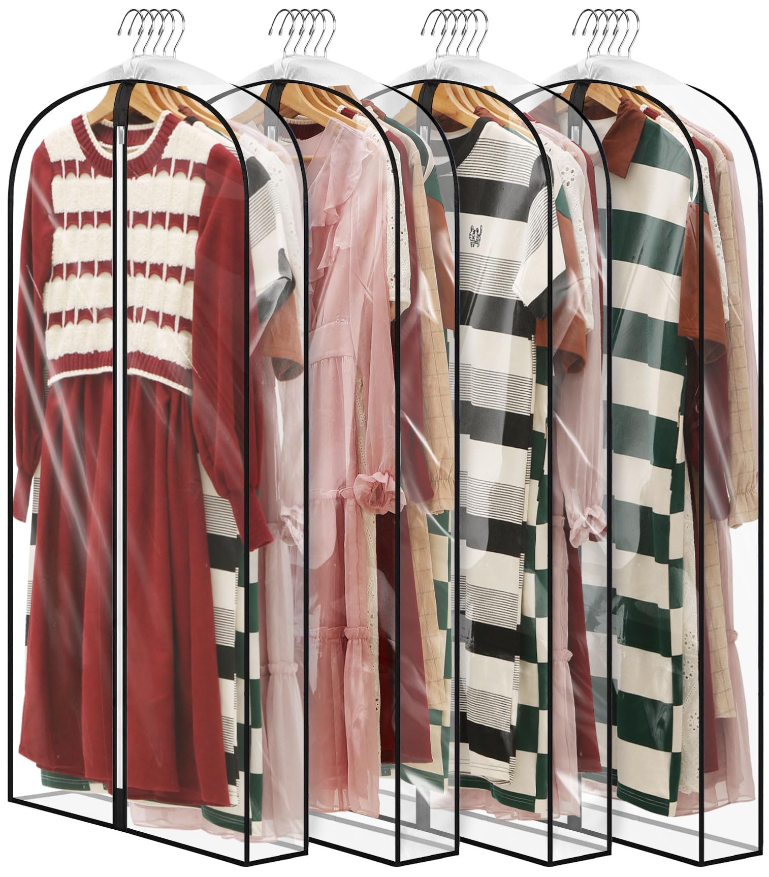 Perber 50'' All Clear Garment Bags For Hanging Clothes, 4'' Gusseted Suit Bags For Closet Storage, Plastic Garment Covers With Z