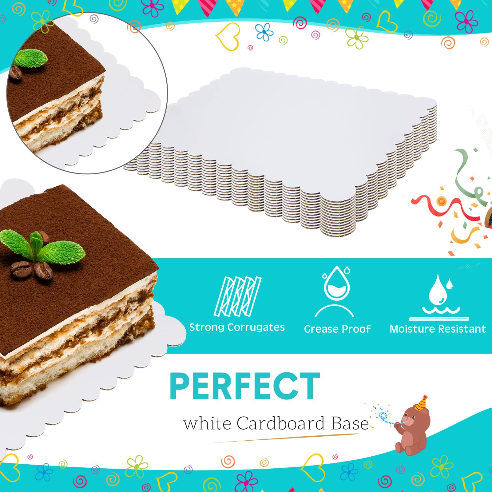 50 Pcs Rectangle Cake Board Disposable Cardboard Cake Bases Grease Proof Cake Plate Scalloped Edge Corrugated White Cakeboards D