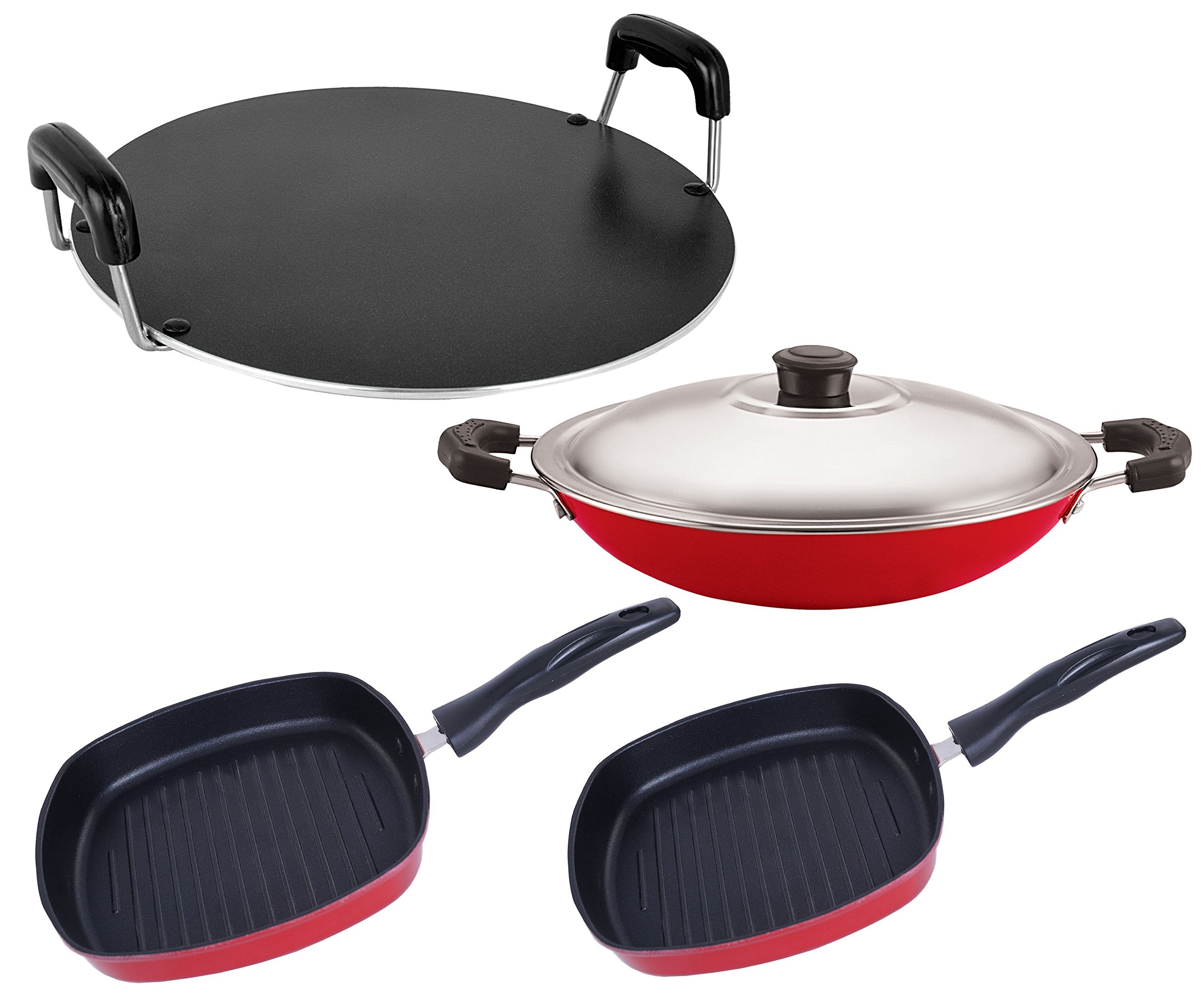 Nirlon NonStick Aluminum Cookware Set, 4Piece, Red And Black (Ac_Gp22.5_Gp24_Rt)