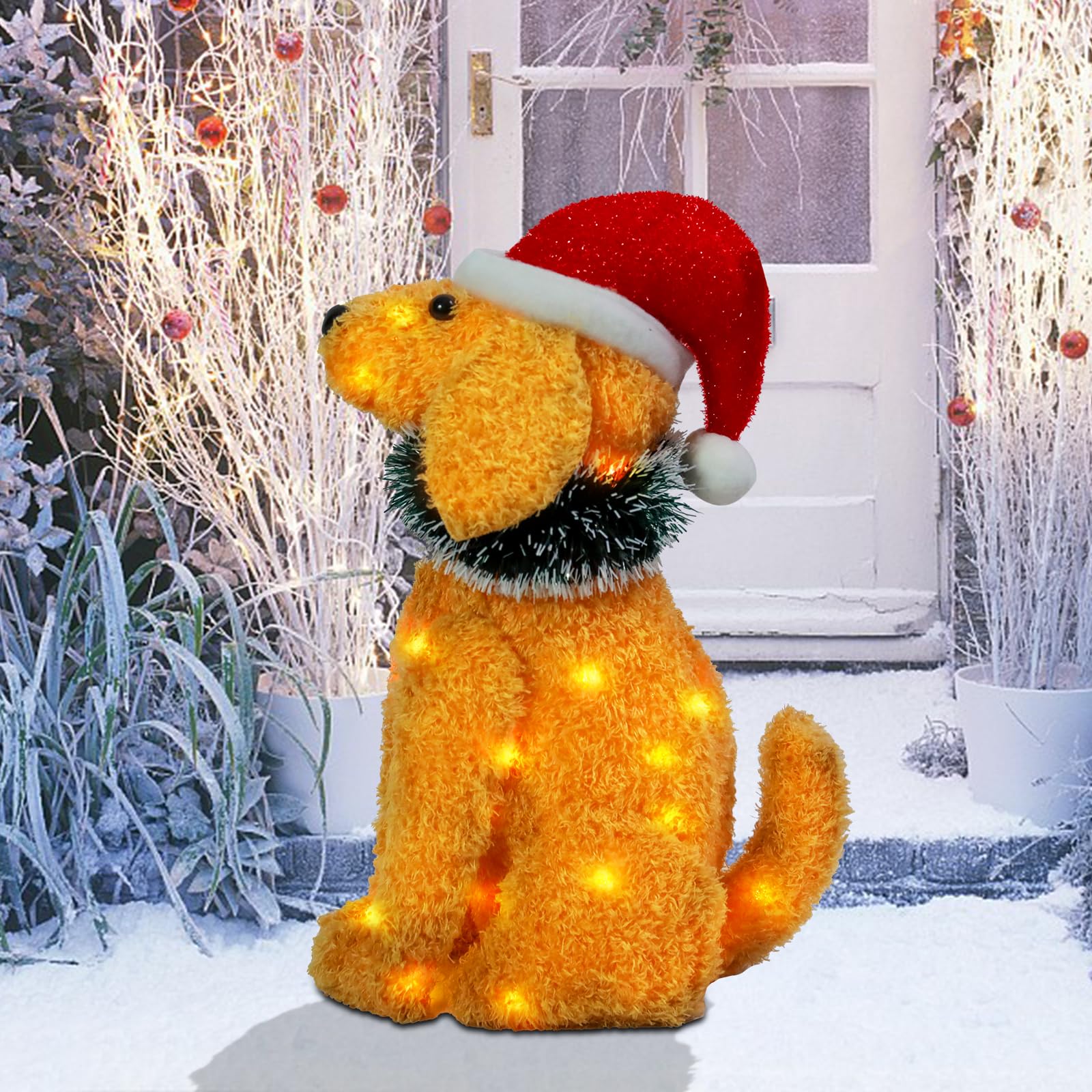 Christmas Lighted Dog Decoration Pre-lit 3D Glittered Fluffy Puppy Battery Operated Lighted Up Sitting Ornament Outdoor Indoor C