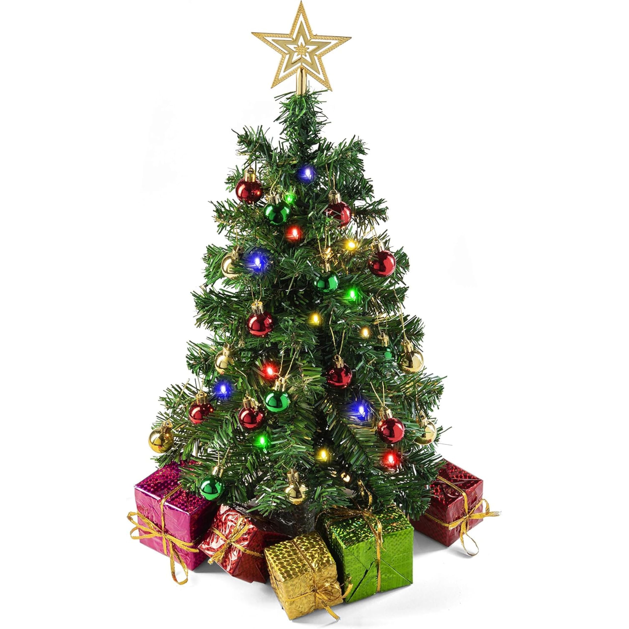 Prextex 23-Inch DIY Tabletop Mini Christmas Tree with Multi-Color LED Lights, Star Treetop, Decorated Gift Boxes and Hanging Orn