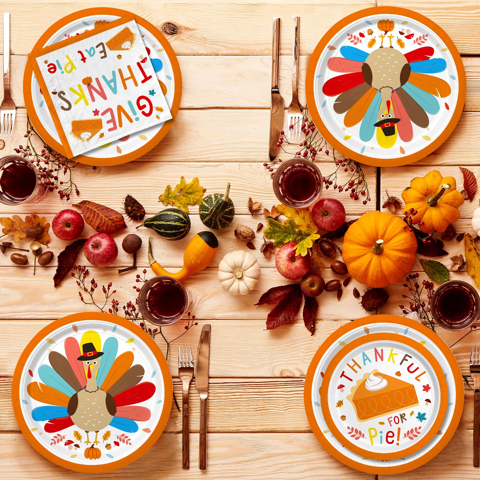 Turkey Thanksgiving Party Supplies Kit - Includes Autumn-Themed Disposable Dinnerware: Dinner & Dessert Plates, Napkins, Cups, B