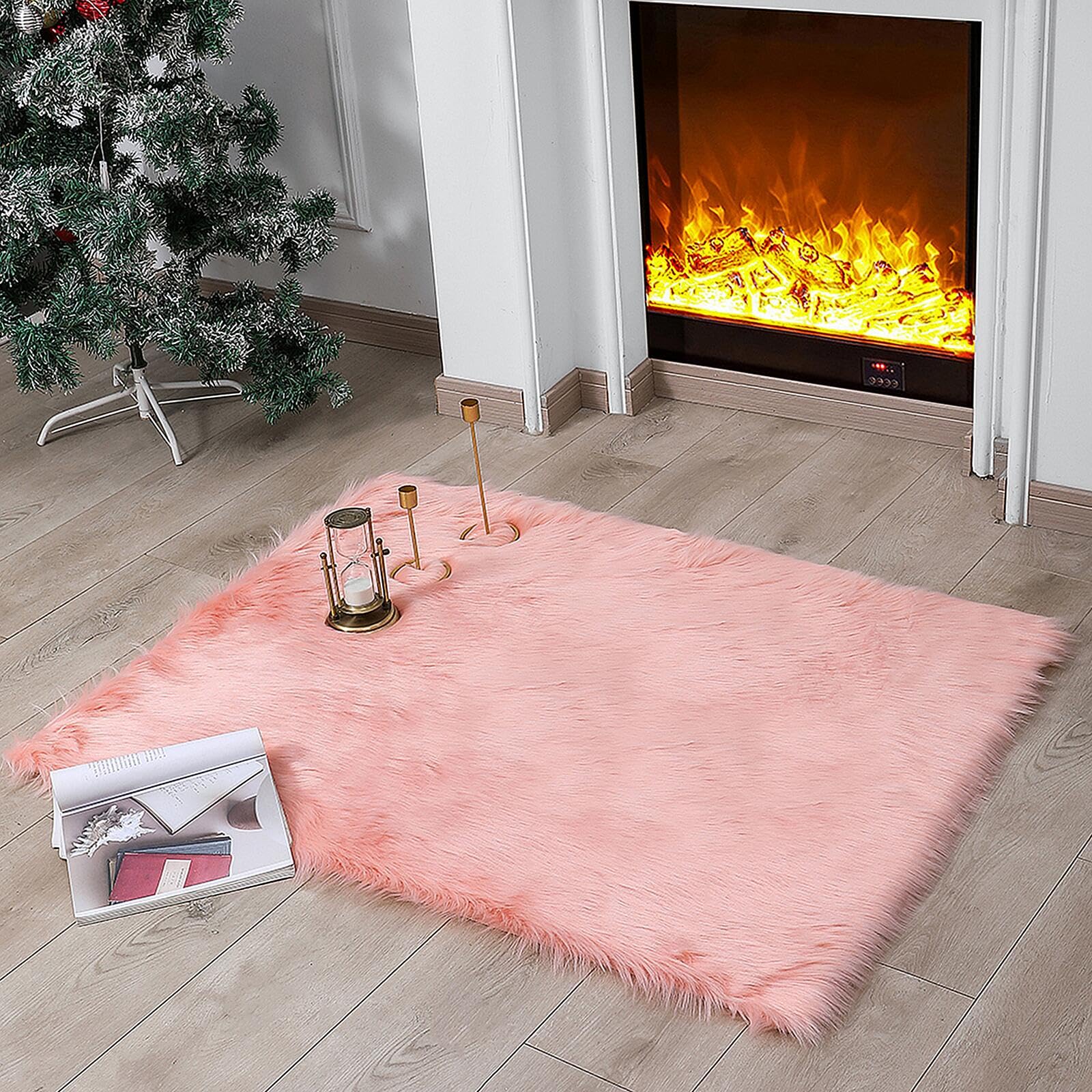 linmopm Faux Fur Rug Sheepskin Shag Fluffy Fuzzy Pink 3x4 ft Rugs for Bedroom Bedside Bed Floor Living Room Plush Rectangle High