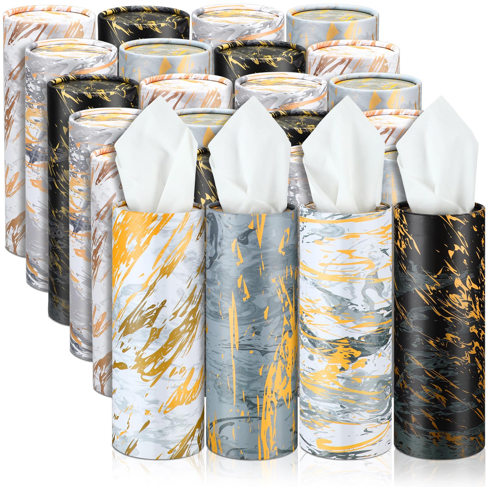 Thenshop 24 Pack Car Tissue Holder Marble Print Tissues Cylinder Round Boxes with 3 Ply Napkin Facial Tissues Bulk Paper Tubes D