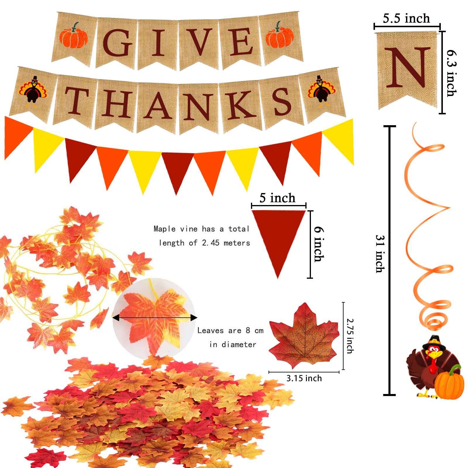 Famoby Give Thanks Burlap Banner Paper Triangular Bunting Maple Leaf Garland Plastic Streamer For Autumn Harvest Thanksgiving Da