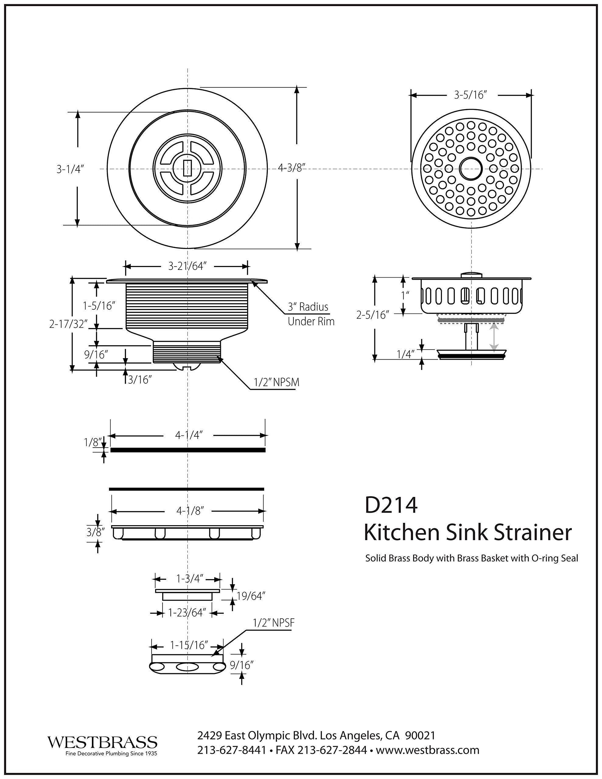 Westbrass D214-05 3-1/2'' Post Style Large Kitchen Sink Basket Strainer, Polished Nickel
