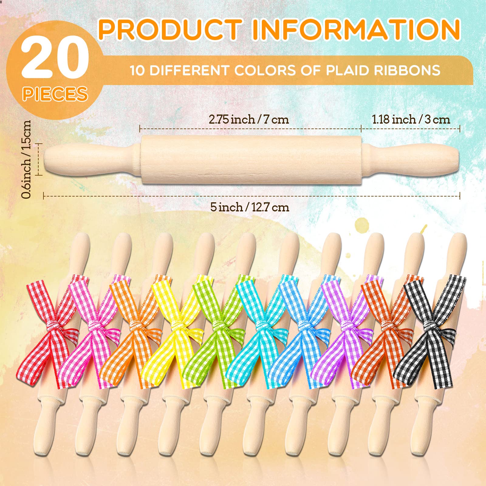 20 Pcs 5 Inch Wooden Mini Rolling Pin Small Rolling Pin Wooden Dough Roller With Plaid Ribbon For Kitchen Tools Fondant Pastry P