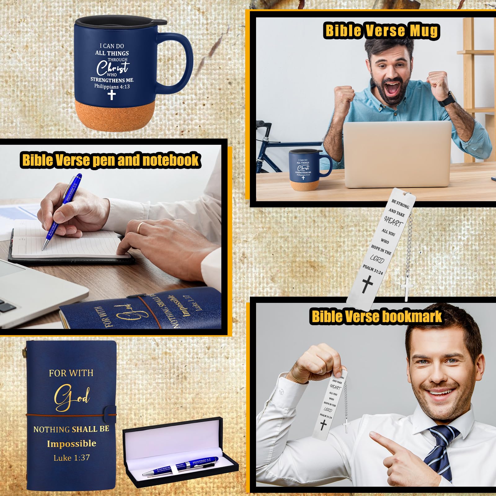 Shellwei 6 Pcs Christian Gifts for Men 13.5 oz Mugs with Cork Bottom Leather Bible Notebook Religious Metal Bookmark Pen with Bo