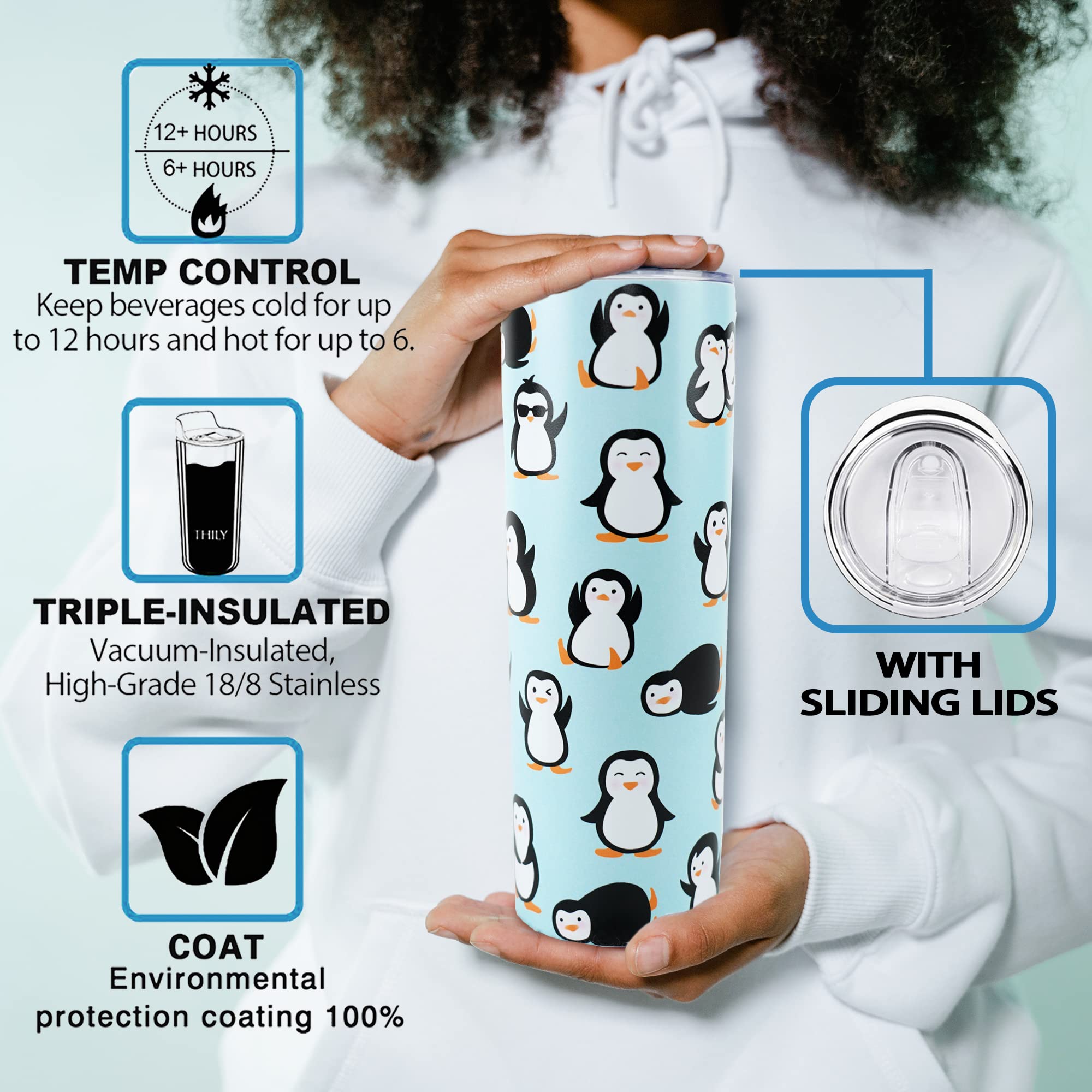 Penguin Tumbler With Straw - Cute Penguin Gifts In Blue, 20 Oz - Thermal Insulated, Perfect For Coffee Or Water - Birthday Gift