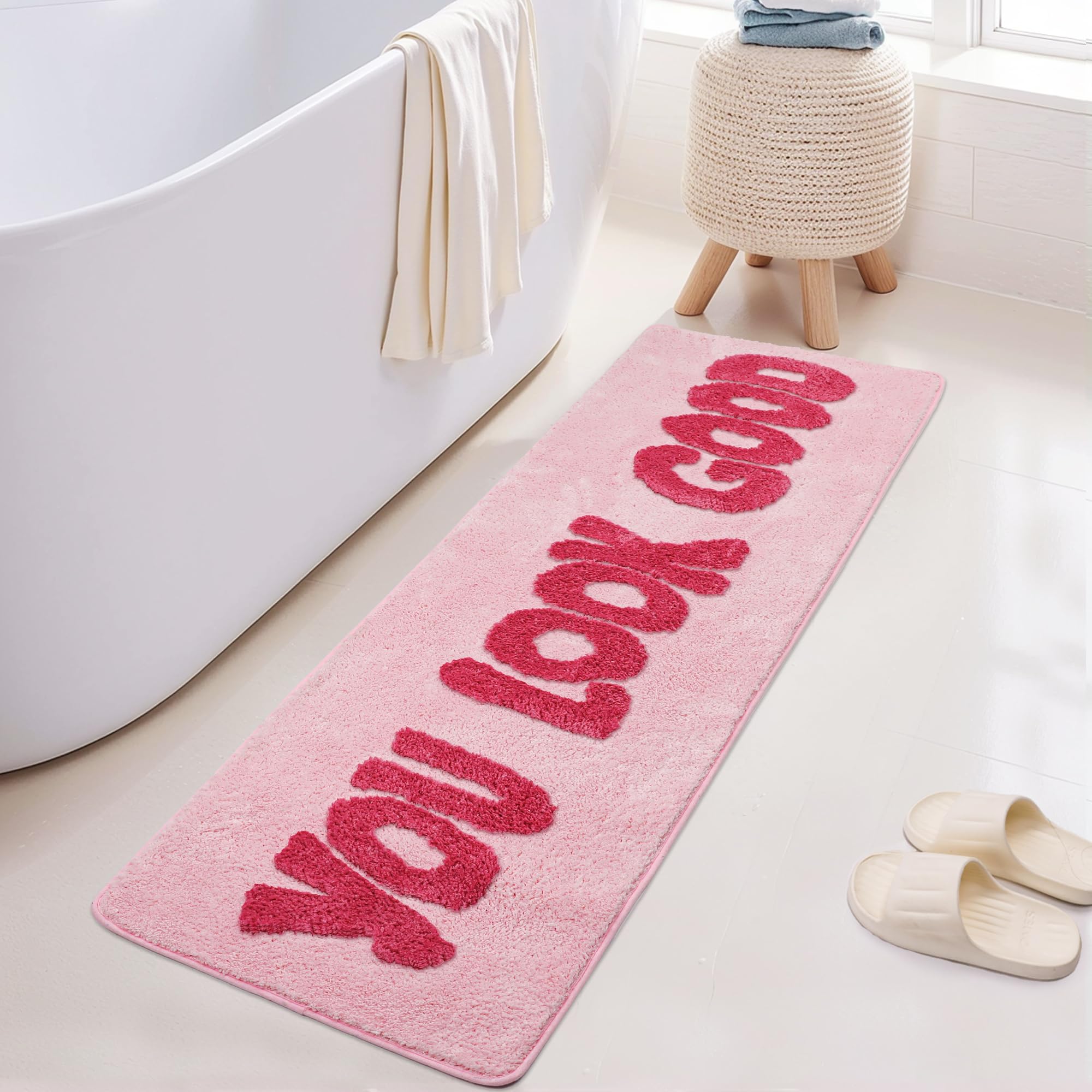 Oturgor You Look Good Bathroom Rug, Hot Pink, 20''X60'' Soft Plush, Super Water Absorbent, Non-Slip Backing, Easy Cleaning, Vibr