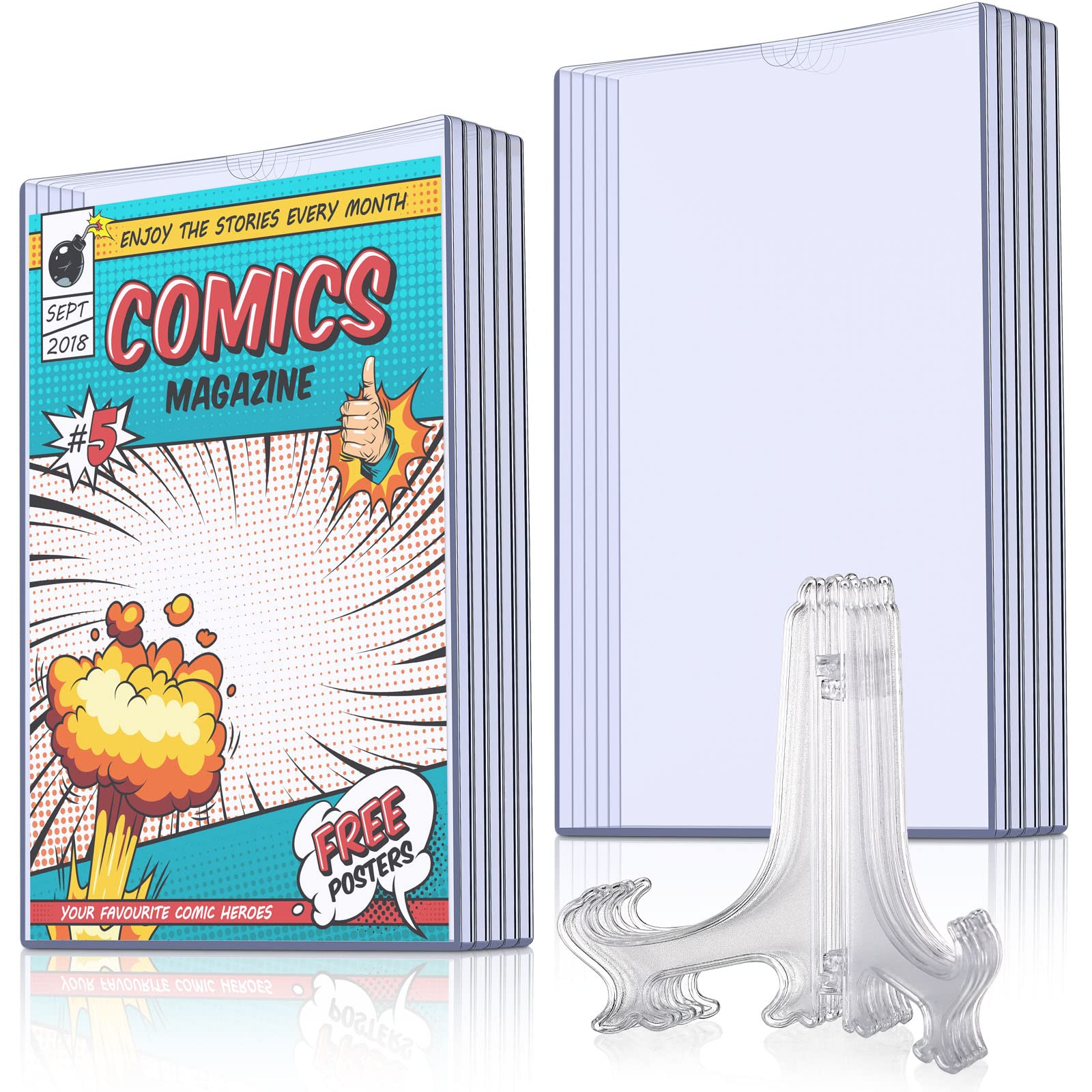 Zonon 15 Set Comic Book Display Case Set, Include Comic Book Sleeves and Clear Plastic Easels, 7.6 x 10.7 Inch Magazine Protecto