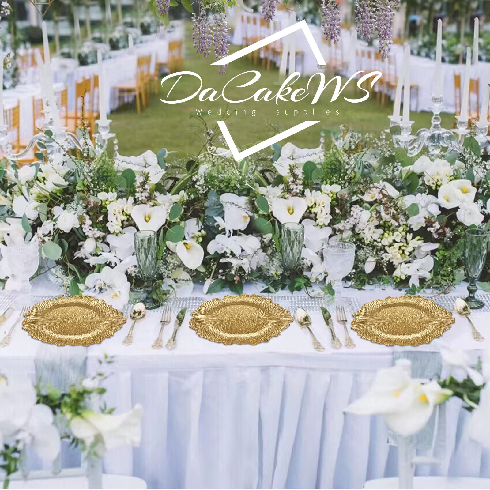 Dacakews Gold Reef Charger Plates 10Pcs, 13Inch Plastic Floral Charger Plates Wedding For Dinner,Wedding,Party,Event,Decoration(