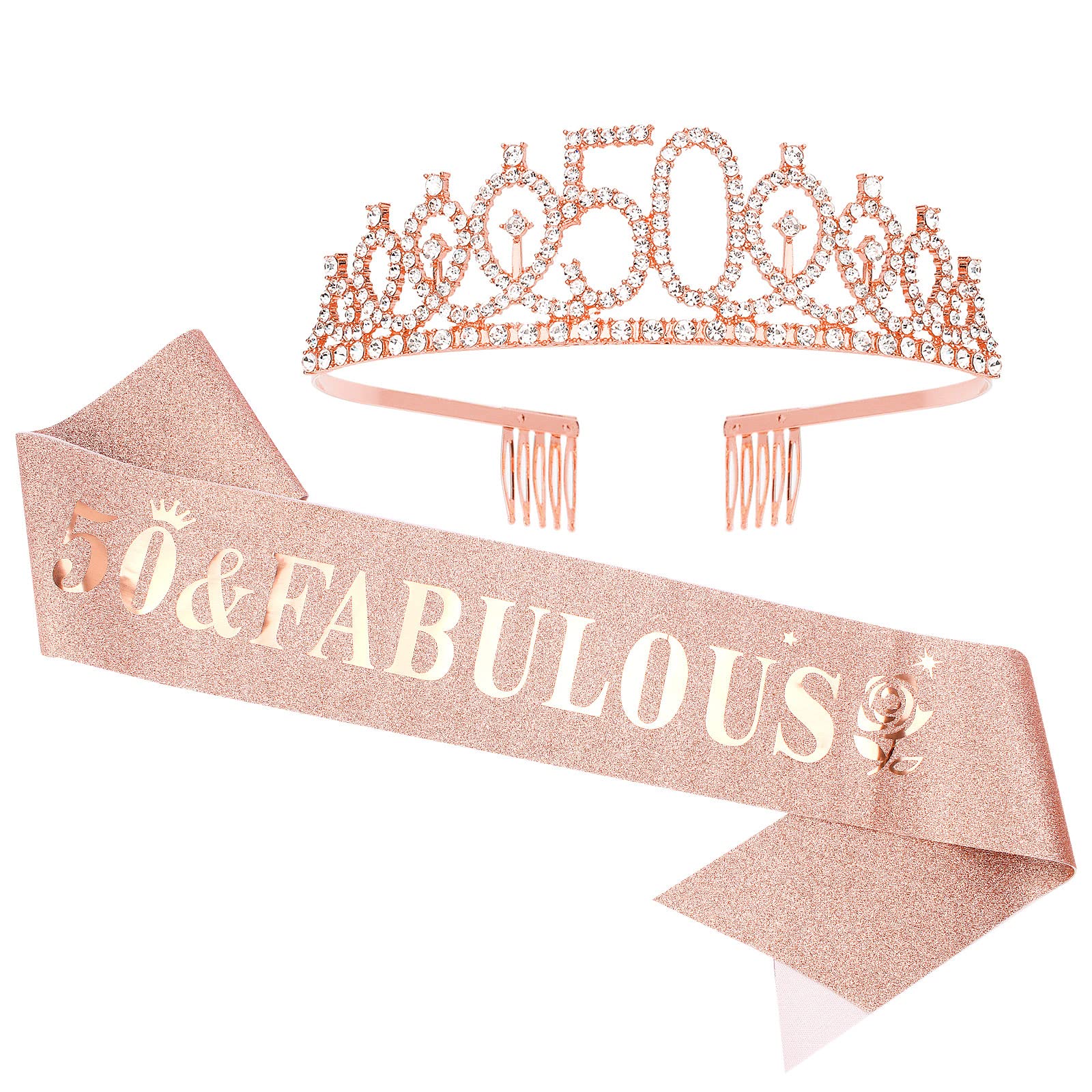 50Th Birthday Sash And Tiara For Women, Rose Gold Crown ''50 And Fabulous'' Sash & Crown Set, 50Th Birthday Gifts For Women, 50T