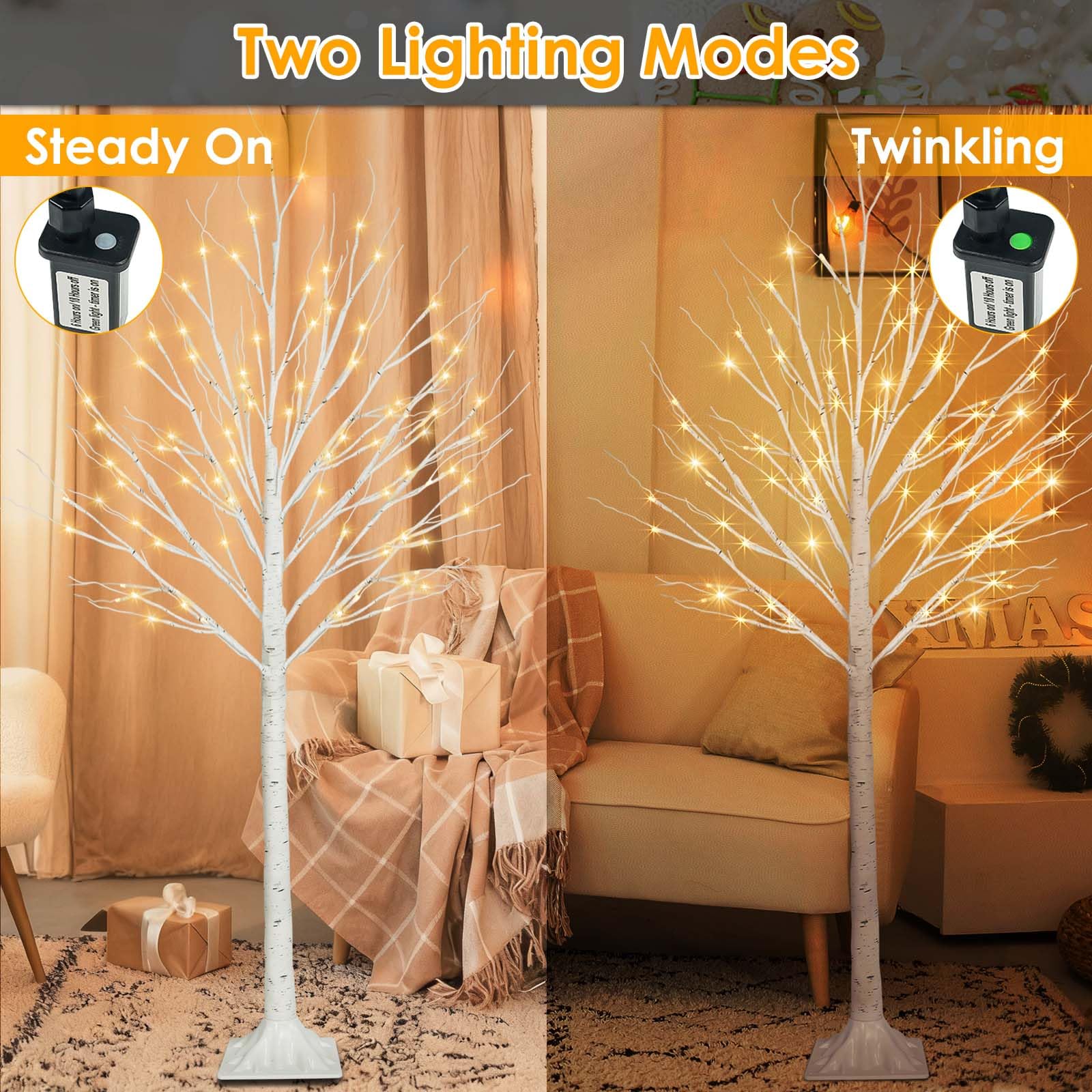 2 Pack 5FT 200LED Christmas Lighted Birch Tree, Timer Function Prelit Artificial Tree Lamp Plug in with Warm White Lights, 2 Mod