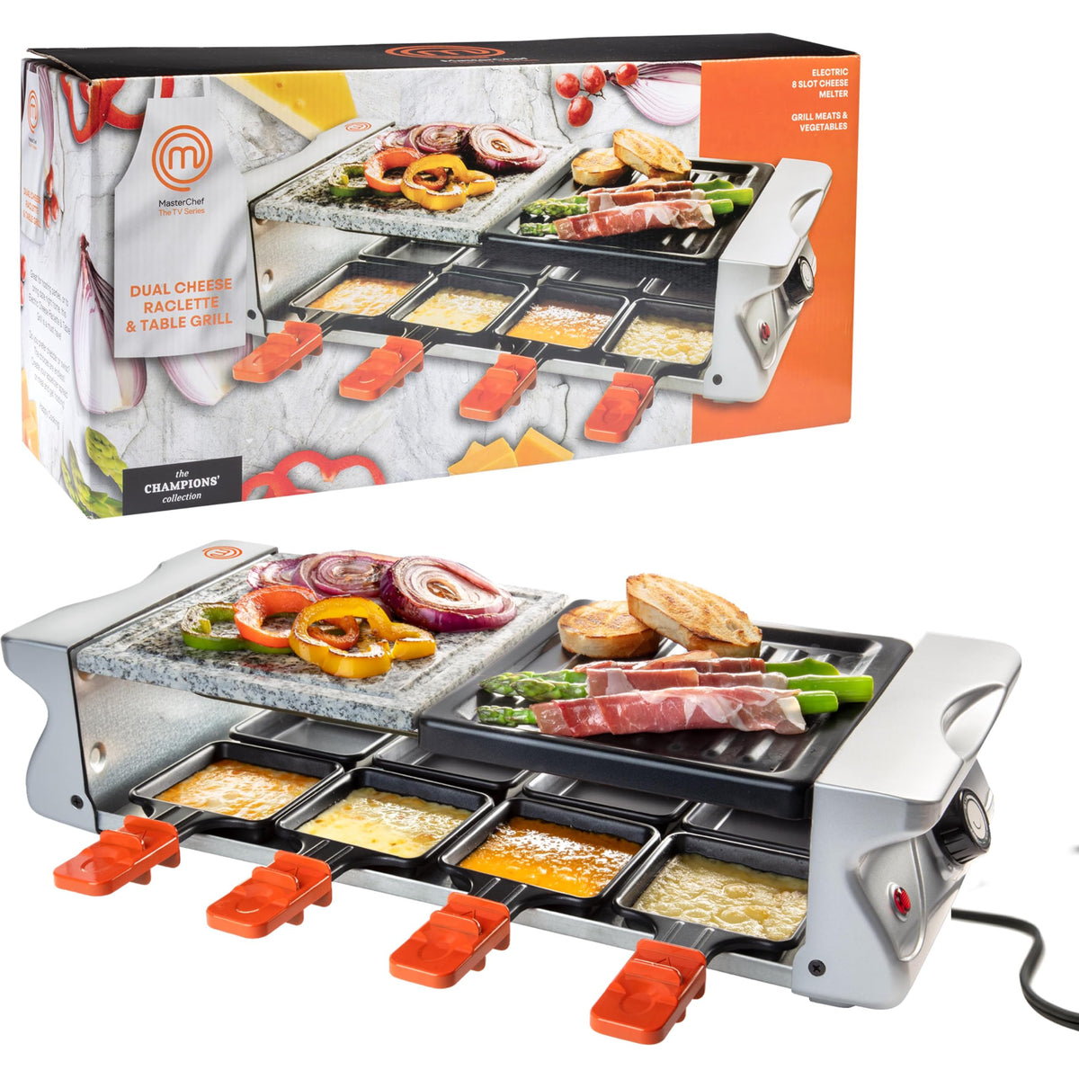 Masterchef Dual Raclette Table Grill W Non-Stick Grilling Plate & Cooking Stone- 8 Person Electric Tabletop Cooker For Korean Bb