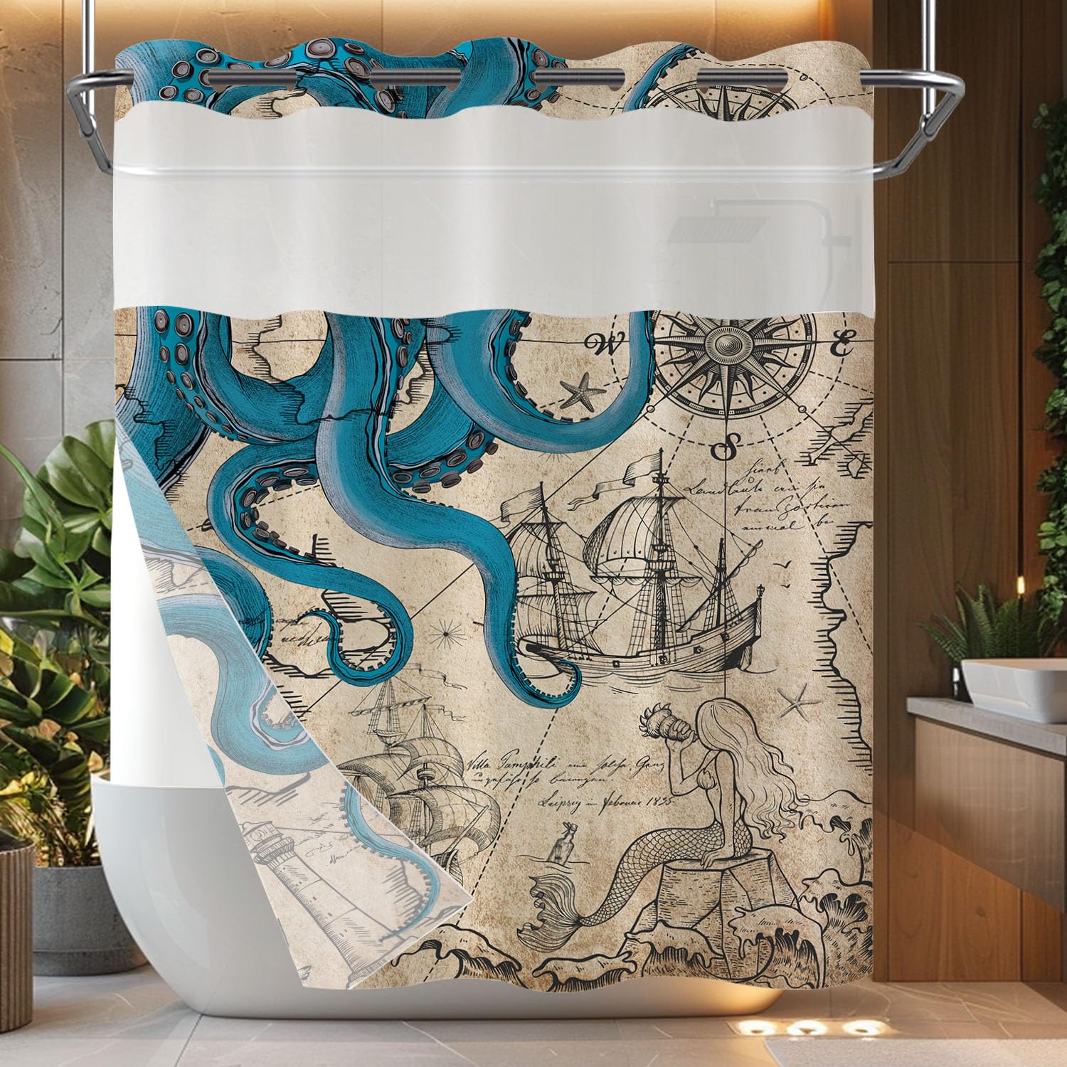 Fungarth Vintage Nautical Octopus No Hook Shower Curtain With Snap In Liner Navy Blue Funny Ocean Mermaid Hookless Shower Curtai