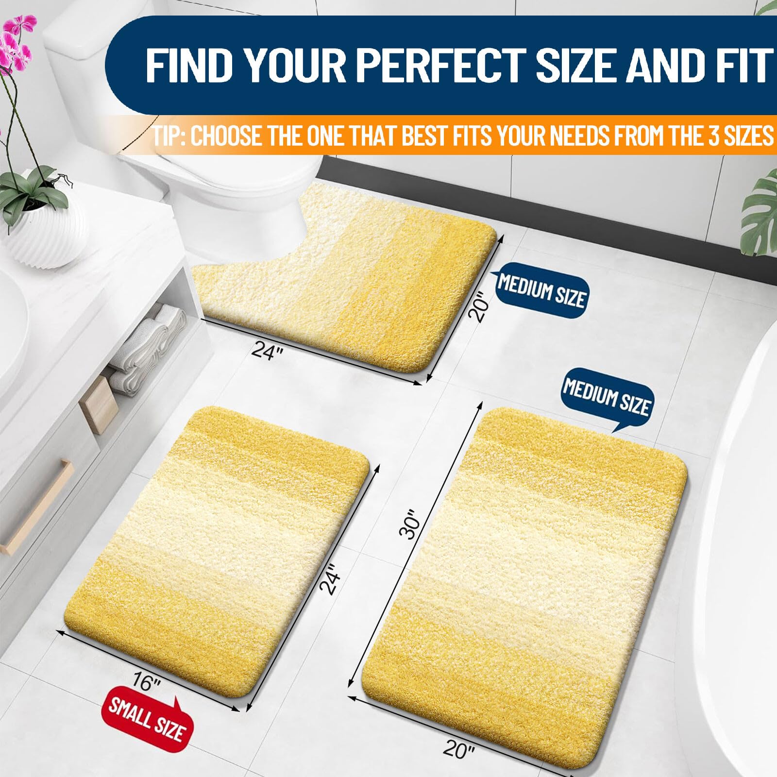 OLANLY Luxury Bathroom Rug Mat 24x16  Extra Soft and Absorbent Microfiber Bath Rugs  Non-Slip Plush Shaggy Bath Carpet  Machine Wash Dry  Bath Mats for Bathroom Floor  Tub and Shower  Yellow