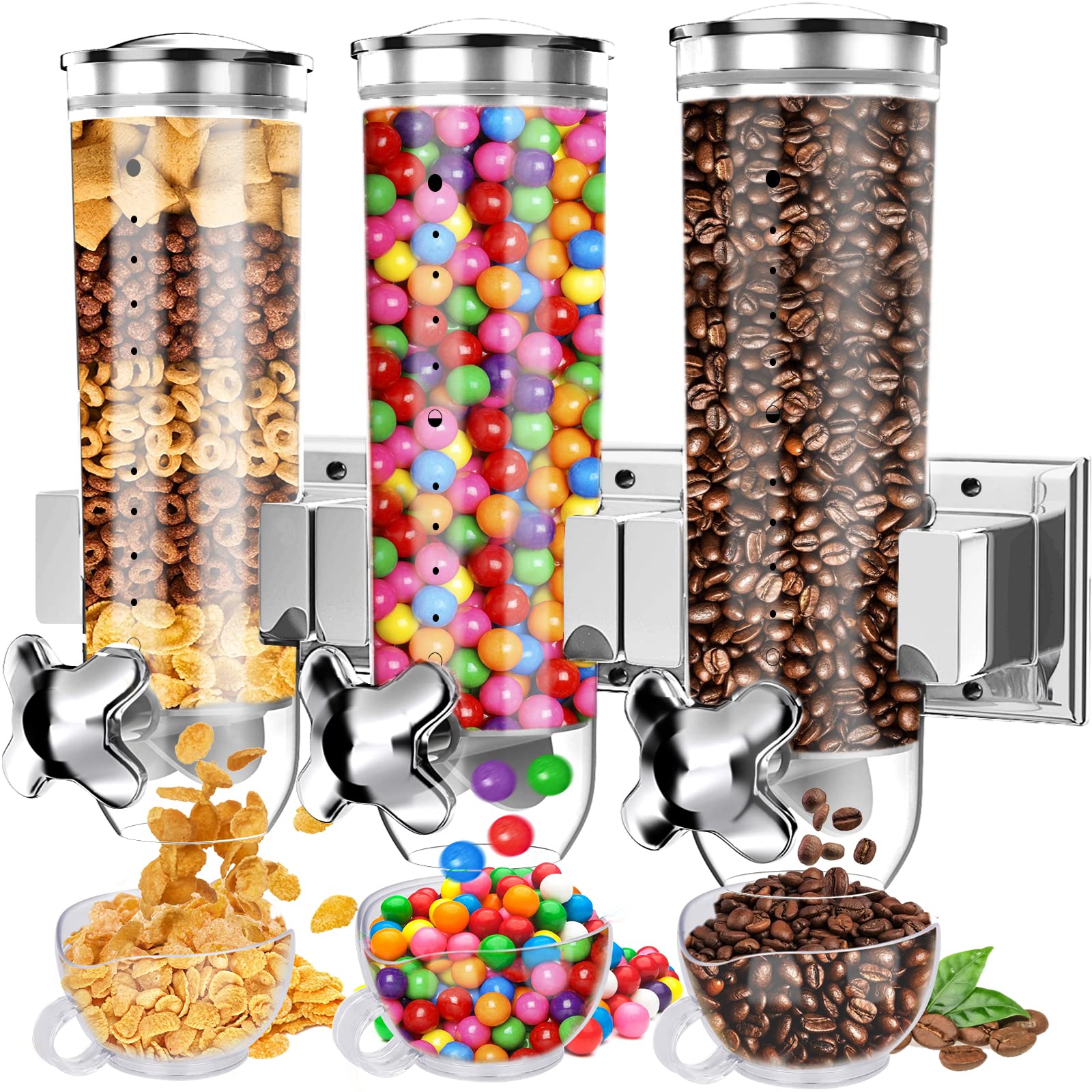 Food Dispenser Wall Mounted Grain Dispenser, Cereal Dispenser With Cup, Dry Food Dispenser Wall Mounted Triple Cereal Dispenser,