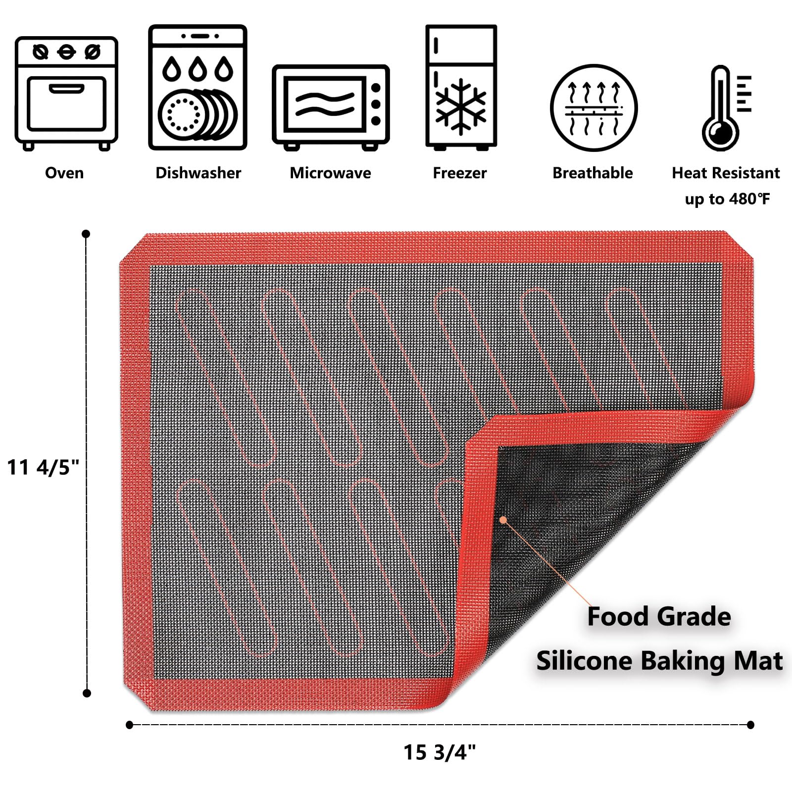 Perforated Silicone Baking Mats, 2 Pcs Eclair Silicone Mat For Half Sheet With 12 Printed Oblong Eclair Guides, Non-Stick Reusab