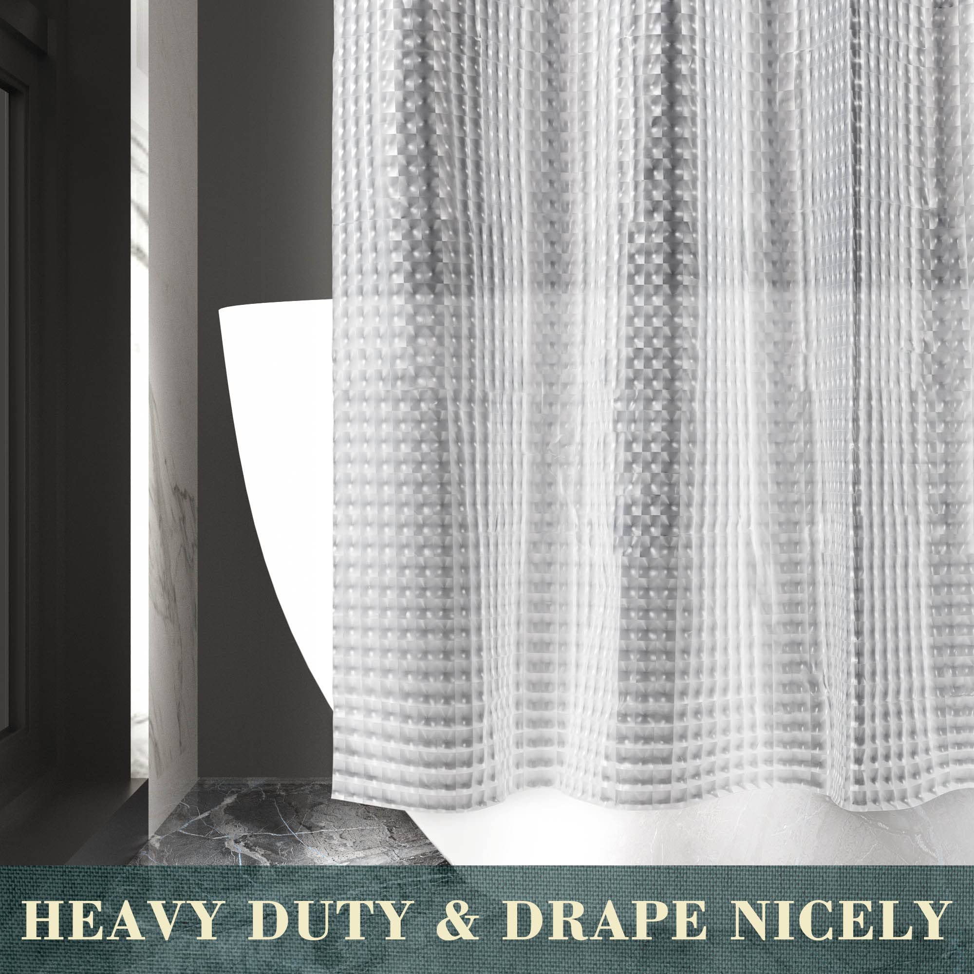 ABLUEN No Hook Shower Curtain or Liner - 8G Heavy Duty Grid Bathroom Shower Curtain No Hooks Required  Waterproof Plastic & PVC Free  Standard Size 71 x 74  Square