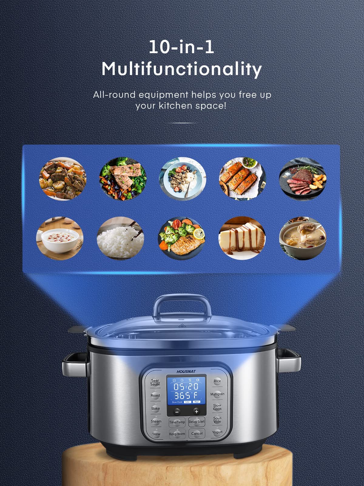 Slow Cooker, Housnat 10 In 1 Programmable Cooker, 6Qt Stainless Steel, Rice Cooker, Yogurt Maker, Delay Start, Steaming Rack And