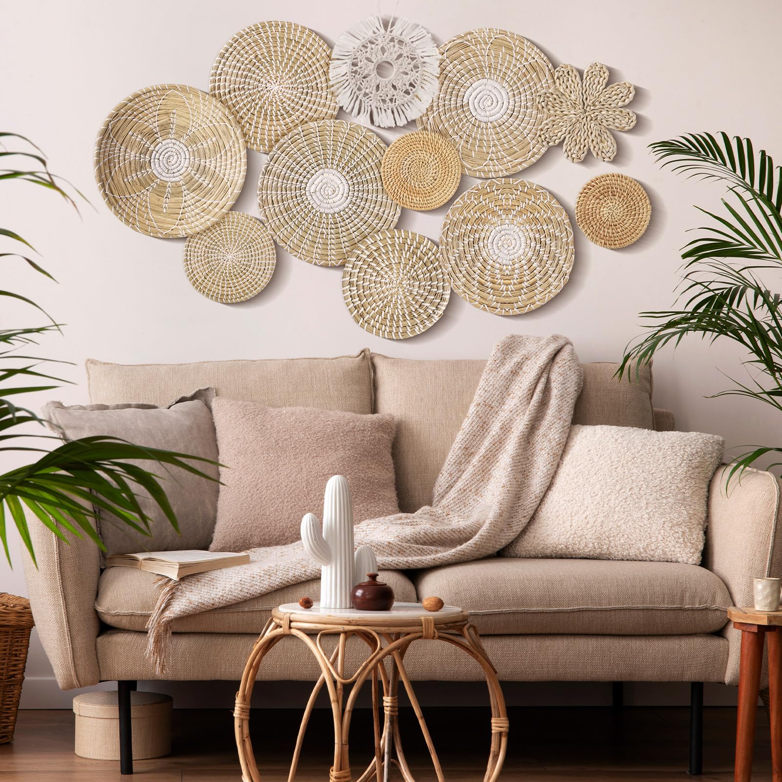 Xuhal 11 Pcs Boho Hanging Wall Basket Decor Handmade Woven Basket Wall Decorative Boho Wicker Baskets Placemats Round Farmhouse