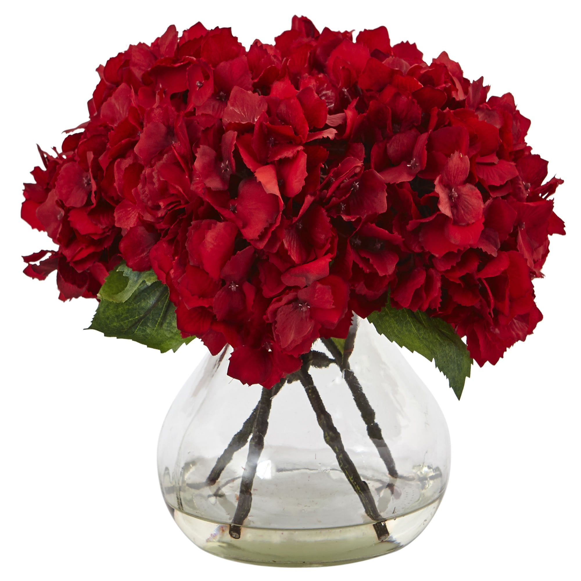 Nearly Natural 8.5in. Red Hydrangea Silk Flower Arrangement with Glass Vase