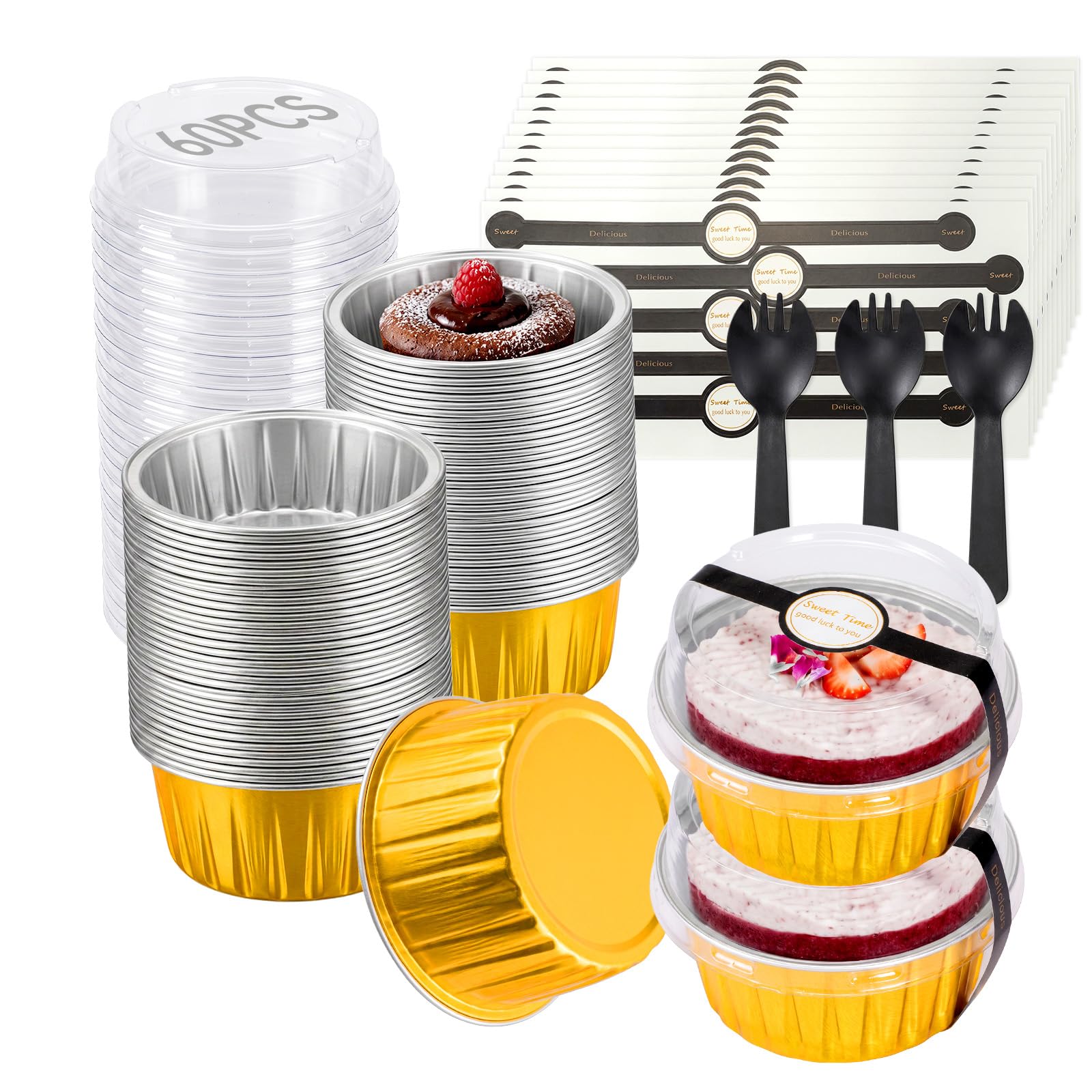 Mini Cake Pans with Lids, Aluminum Foil Cupcake Baking Cups  5oz 60 Pack