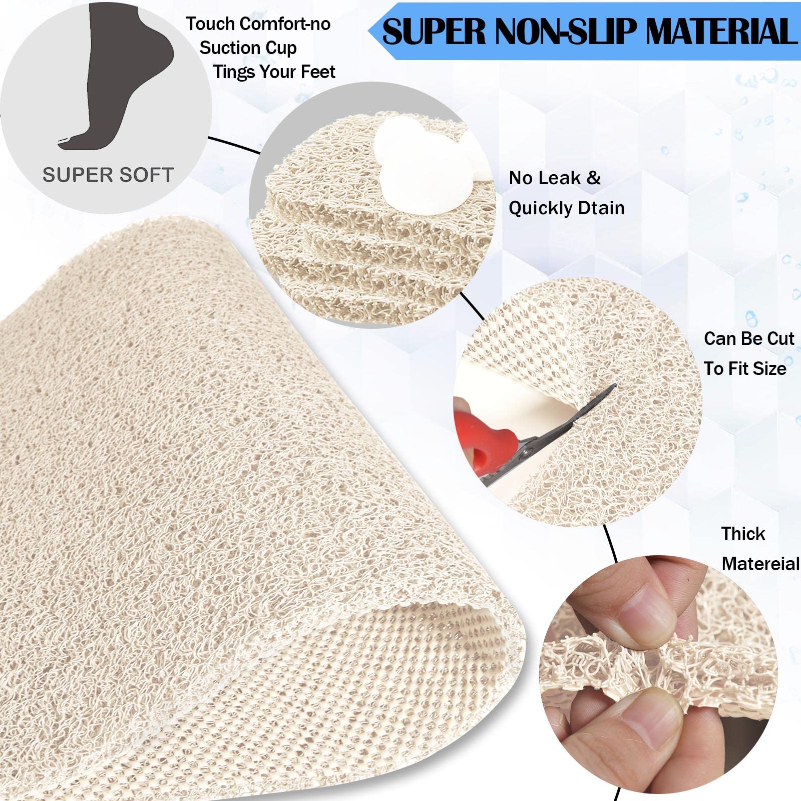 godehone Non-Slip Shower Mat, Quick Drying PVC, 15.7×36 Inch, Beige, Model 1028 for Textured Tub Surfaces