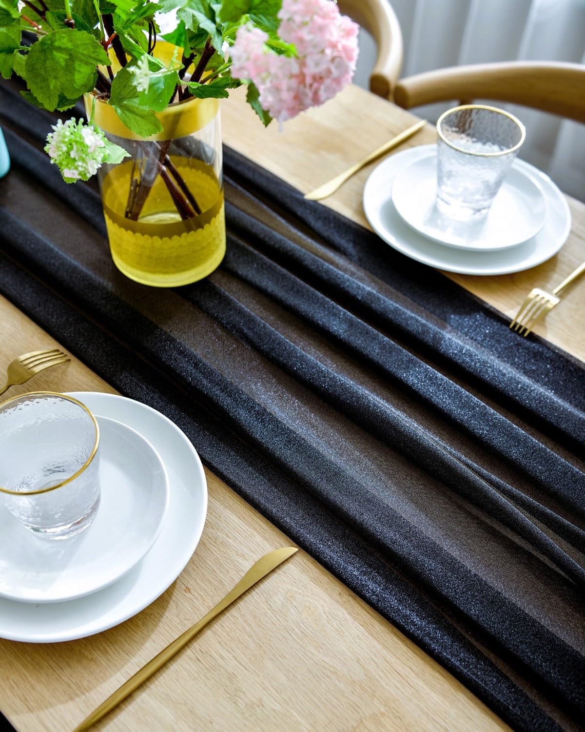 Boxan Gorgeous Black Silky Sheer Table Runner 30X120 Inch For Romantic Wedding Decor, Chic Bridal & Baby Shower, Christmas Party
