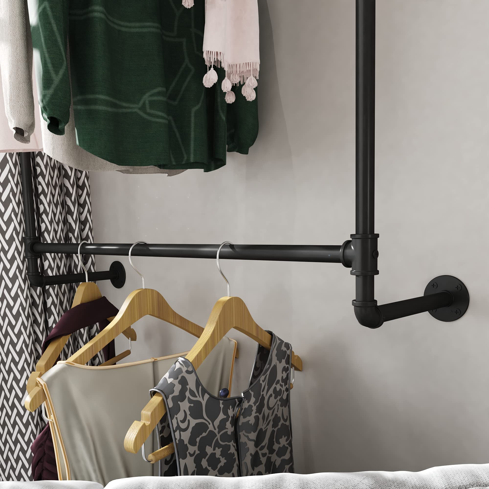 Mairhk Industrial Pipe Clothing Rack Clothing Rack Wall Mounted Clothes Racks For Hanging Clothes Double Rod-2 Tier Black