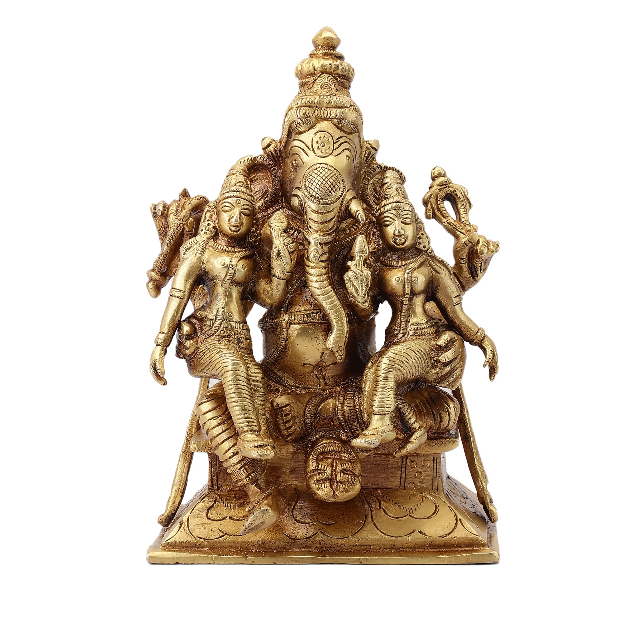 Try Feet Exquisite Divine Ganesh Statue With His Consorts Ridhi Sidhi, Traditional Hindu Religious Sculpture, Decorative Home Te